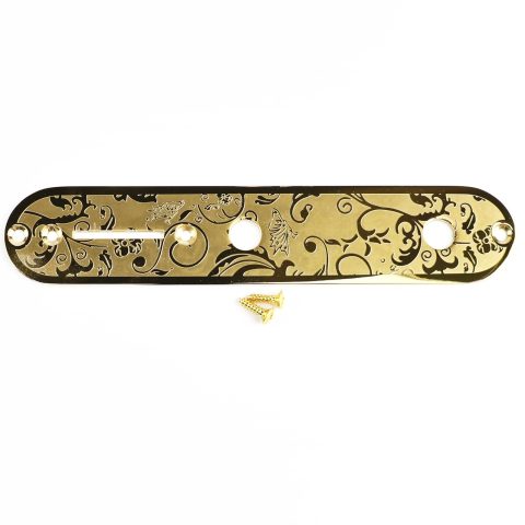 OVSAL Stainless Steel Engraved Telecaster Control Plate 2-Hole Mount 9.5mm (3/8″) CNC Electric Guitar Control Plate Compatible with Most Fender Tele Style Guitar Replacement Parts（Gold）