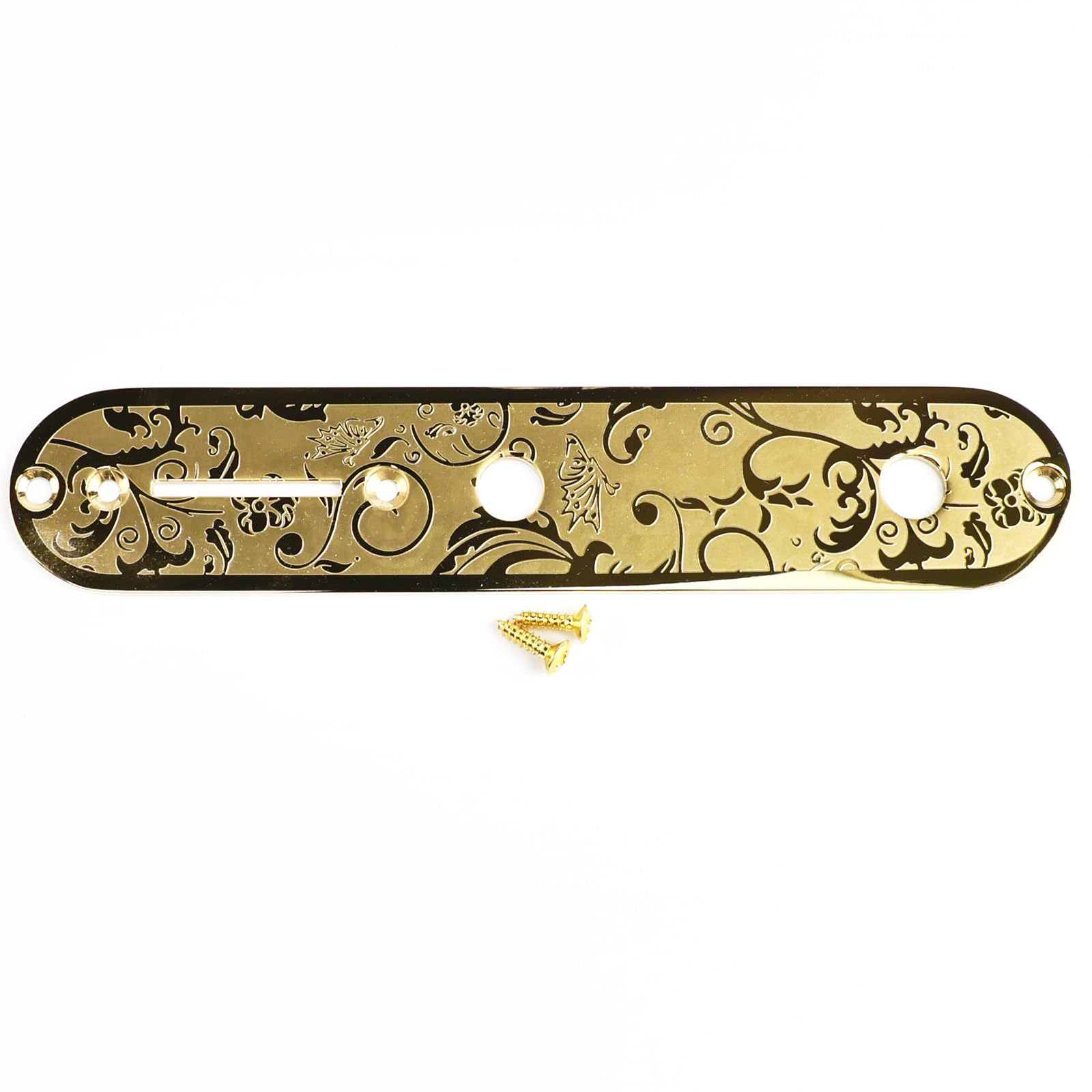 OVSAL Stainless Steel Engraved Telecaster Control Plate 2-Hole Mount 9.5mm (3/8″) CNC Electric Guitar Control Plate Compatible with Most Fender Tele Style Guitar Replacement Parts(Gold)