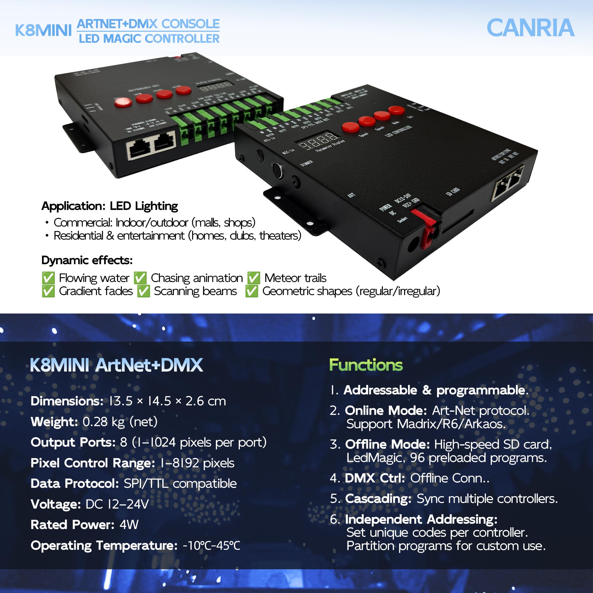 CANRIA K8MINI ARTNET+DMX Console LED Pixel Controller, for SPI-TTL LED Light, Online Offline, Addressable Programmable, 2G SD Card with 96 Program Modes and Offline Software.