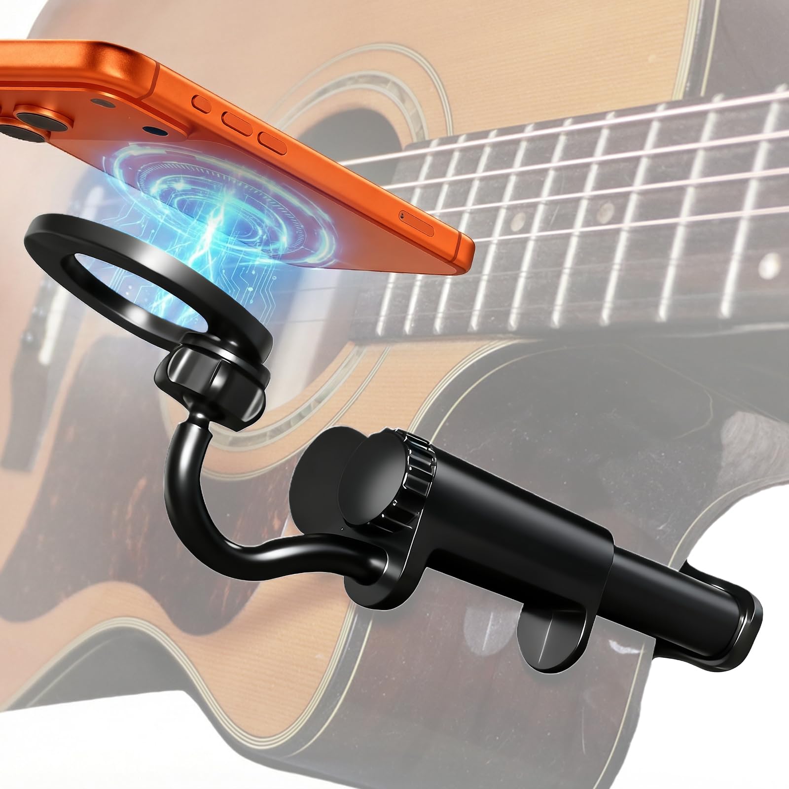 Rubierine Magnetic Plus Guitar Phone Holder, Clamp Mount Adjustable &360° Rotating Arm, Fits 2.36-4.1, Works iPhone &Android (Magnetic Ring Included), Right-Handed Only, for Sheet Music, Teach, Live