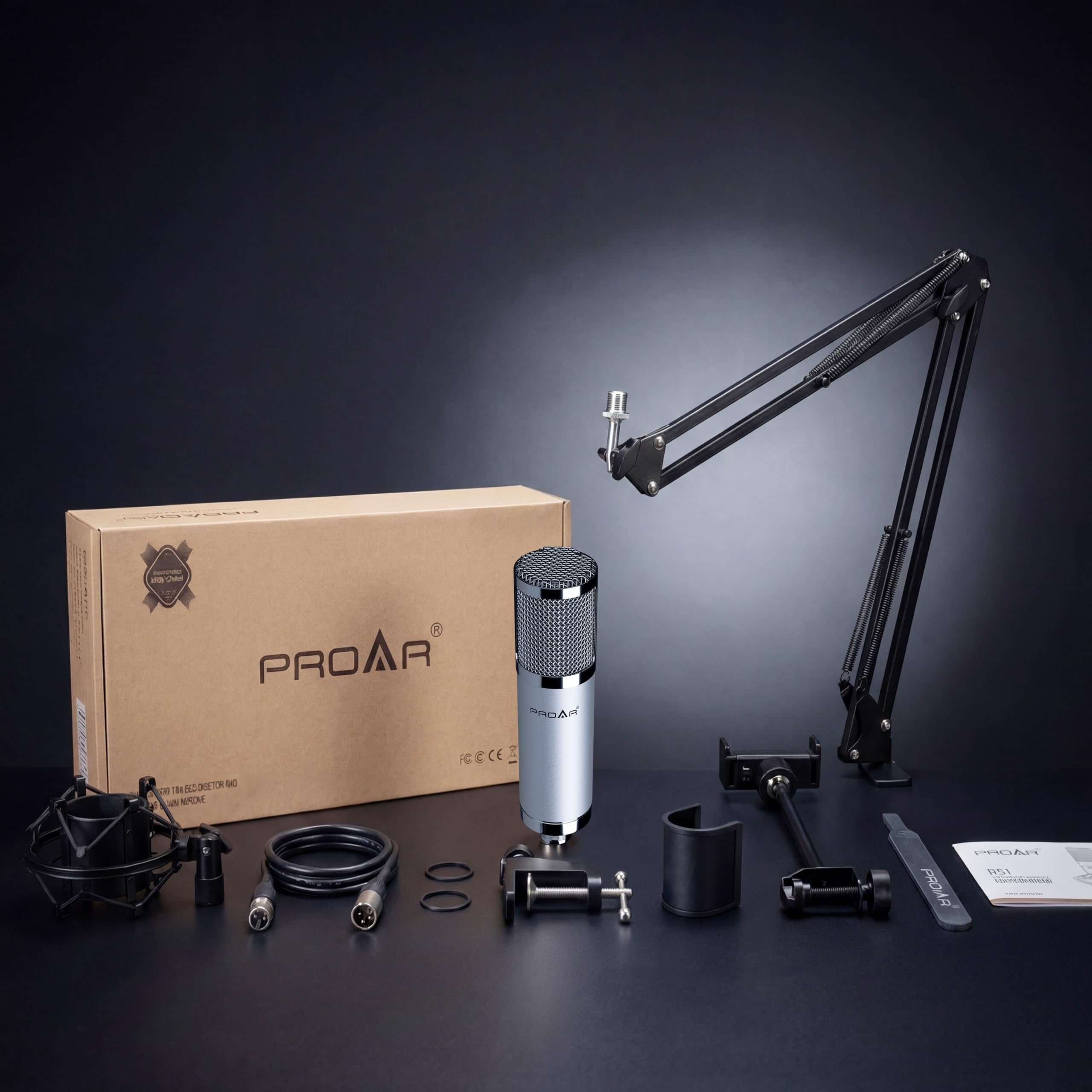 PROAR XLR Condenser Microphone Kit with Boom Arm, Pop Filter and XLR Cable