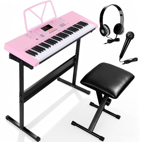 Smartxchoices 61-Key Electronic Keyboard Piano Stand Portable LED Display Keyboard Kit with Adjustable Stand, Adjustable Stool, Headphones, Microphone & Music Rest, Pink