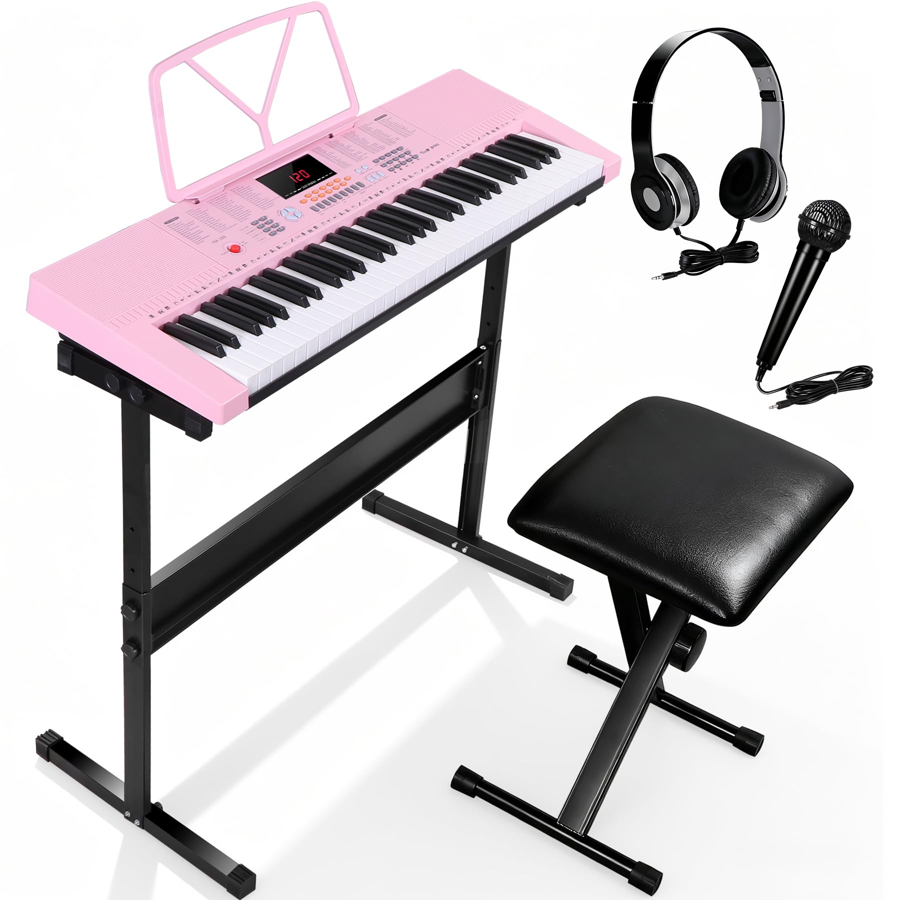 Smartxchoices 61-Key Electronic Keyboard Piano Stand Portable LED Display Keyboard Kit with Adjustable Stand, Adjustable Stool, Headphones, Microphone & Music Rest, Pink