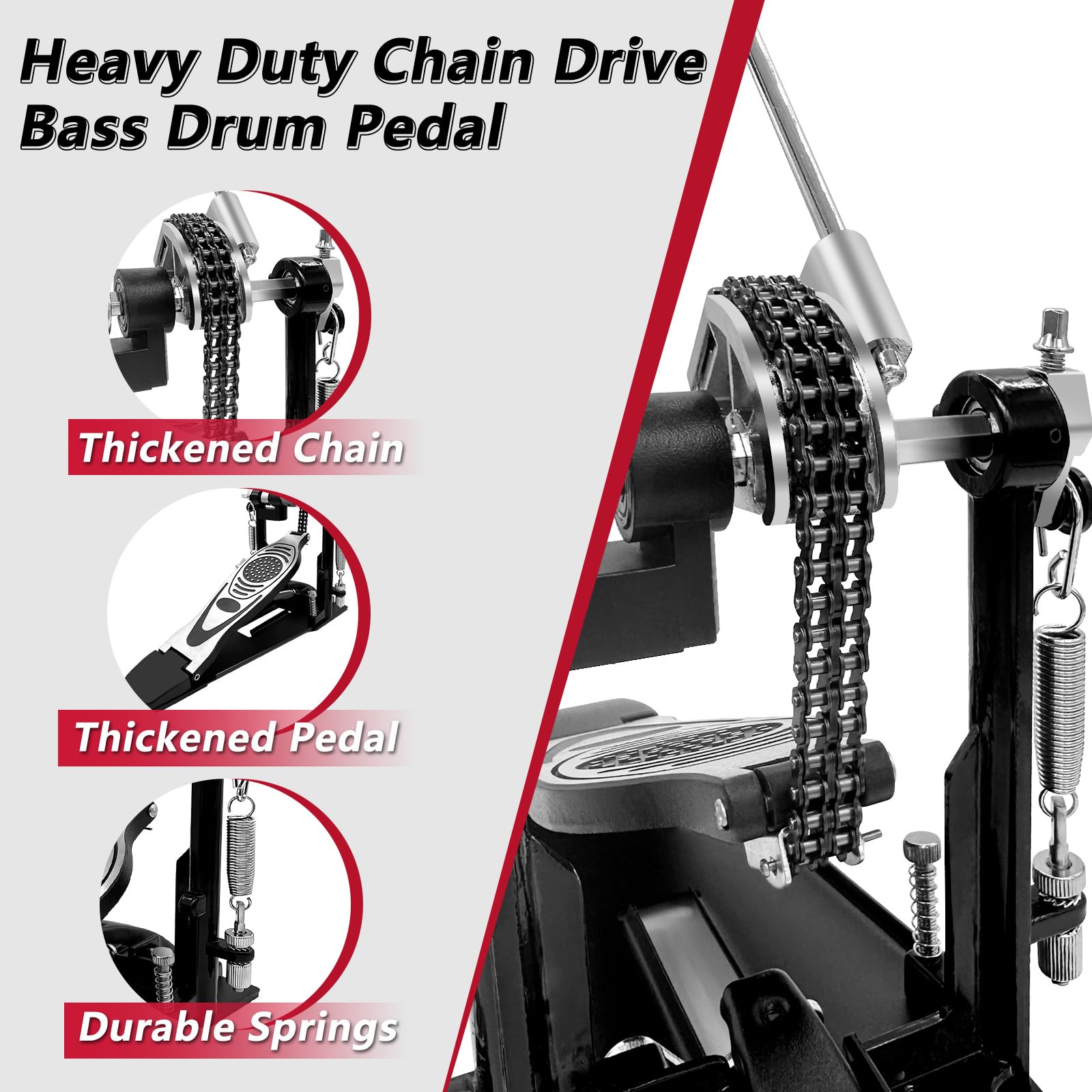 Double Bass Drum Pedal, Double Chain Drive Kick Pedal with Adjustable Beater