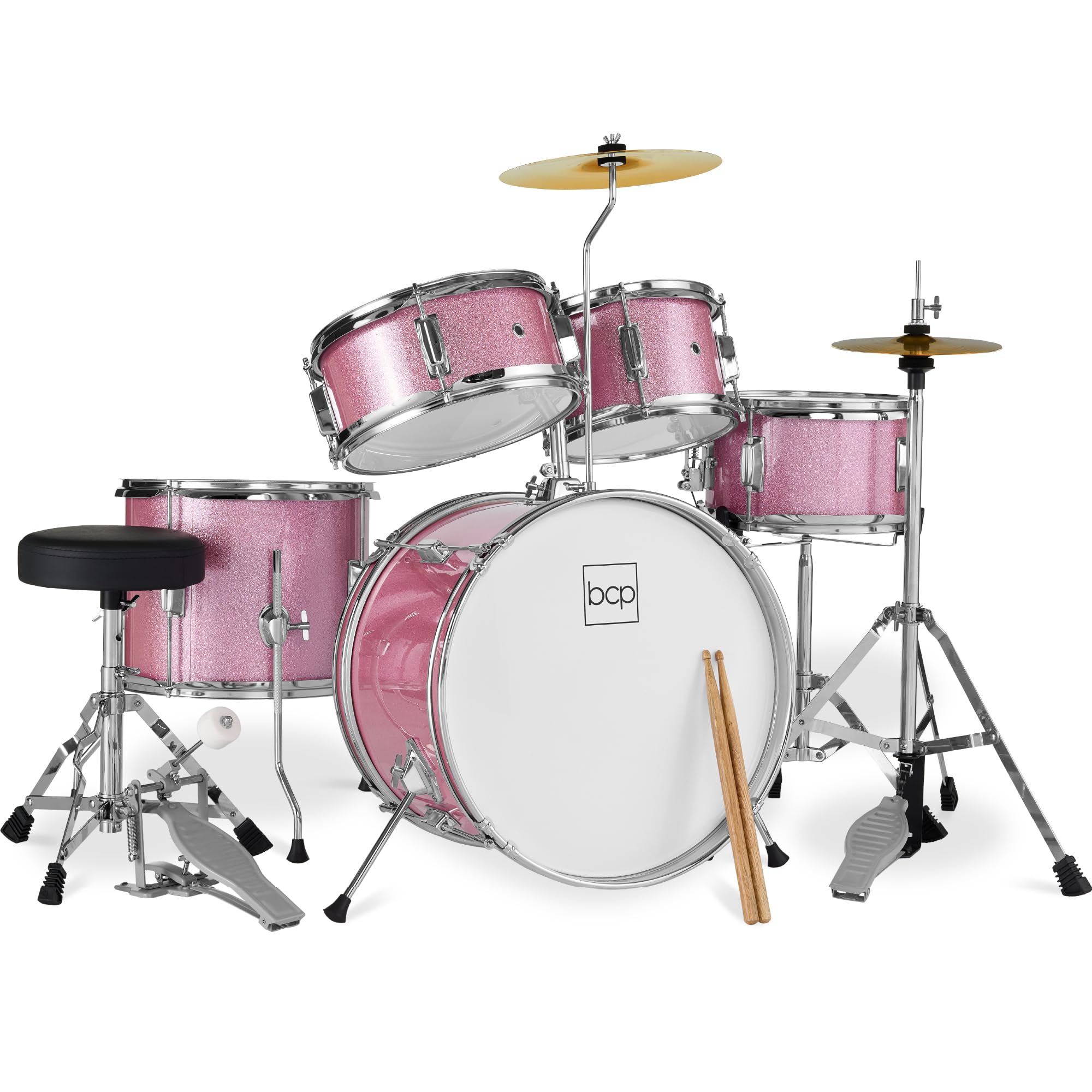 Best Choice Products Kids 5-Piece Beginner Drum Set Junior Kit, Starter Percussion w/Cymbals, Pedal, Toms, Snare, Drumsticks, Stool – Pink Sparkle