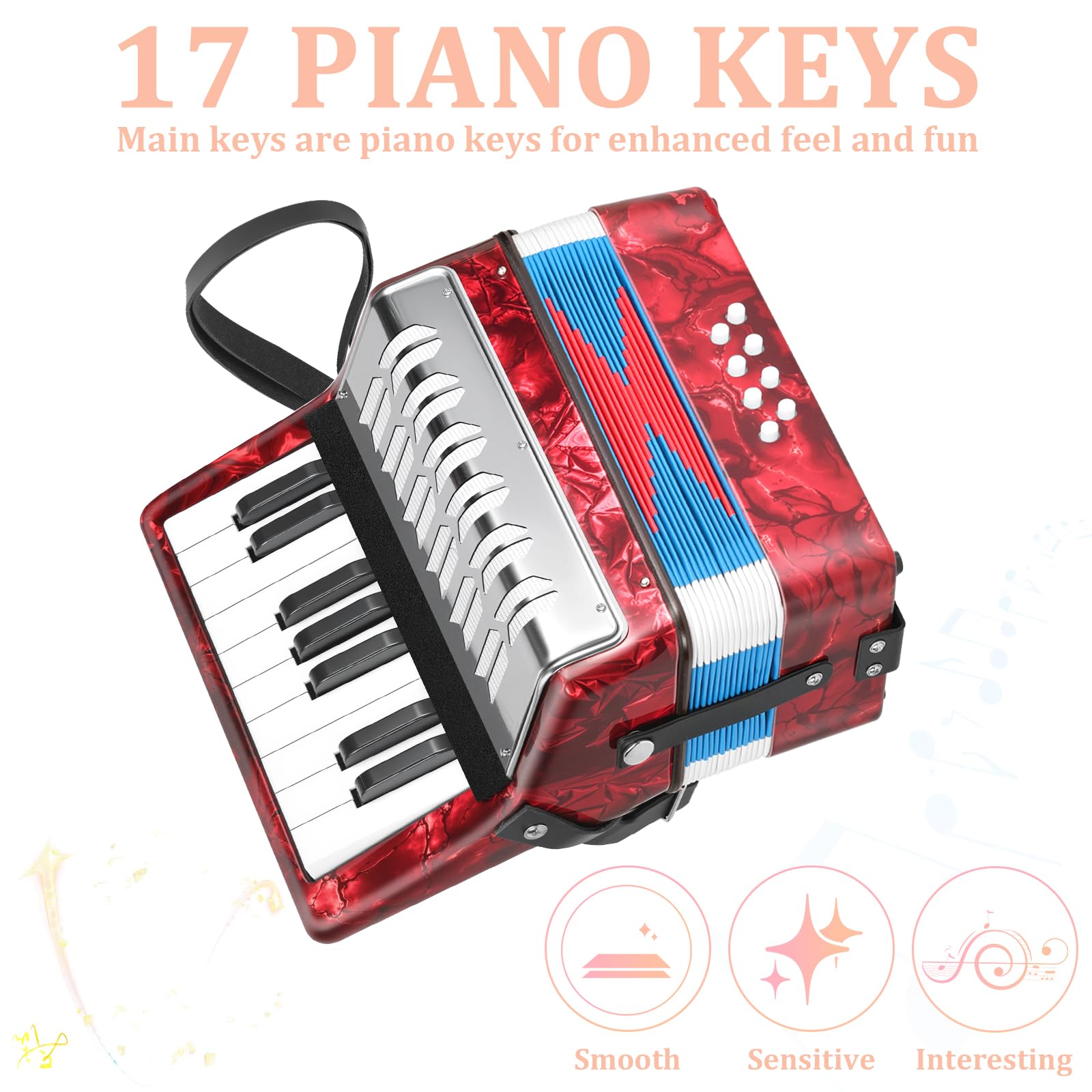 Lotkey 17 Key Piano Accordion, 8 Bass Kids Accordion, Celluloid Body, Metal Cover Accordions Louder Clearer Timbre Than Plastic, Lightweight Design for Children, Beginners to Practice (Red)