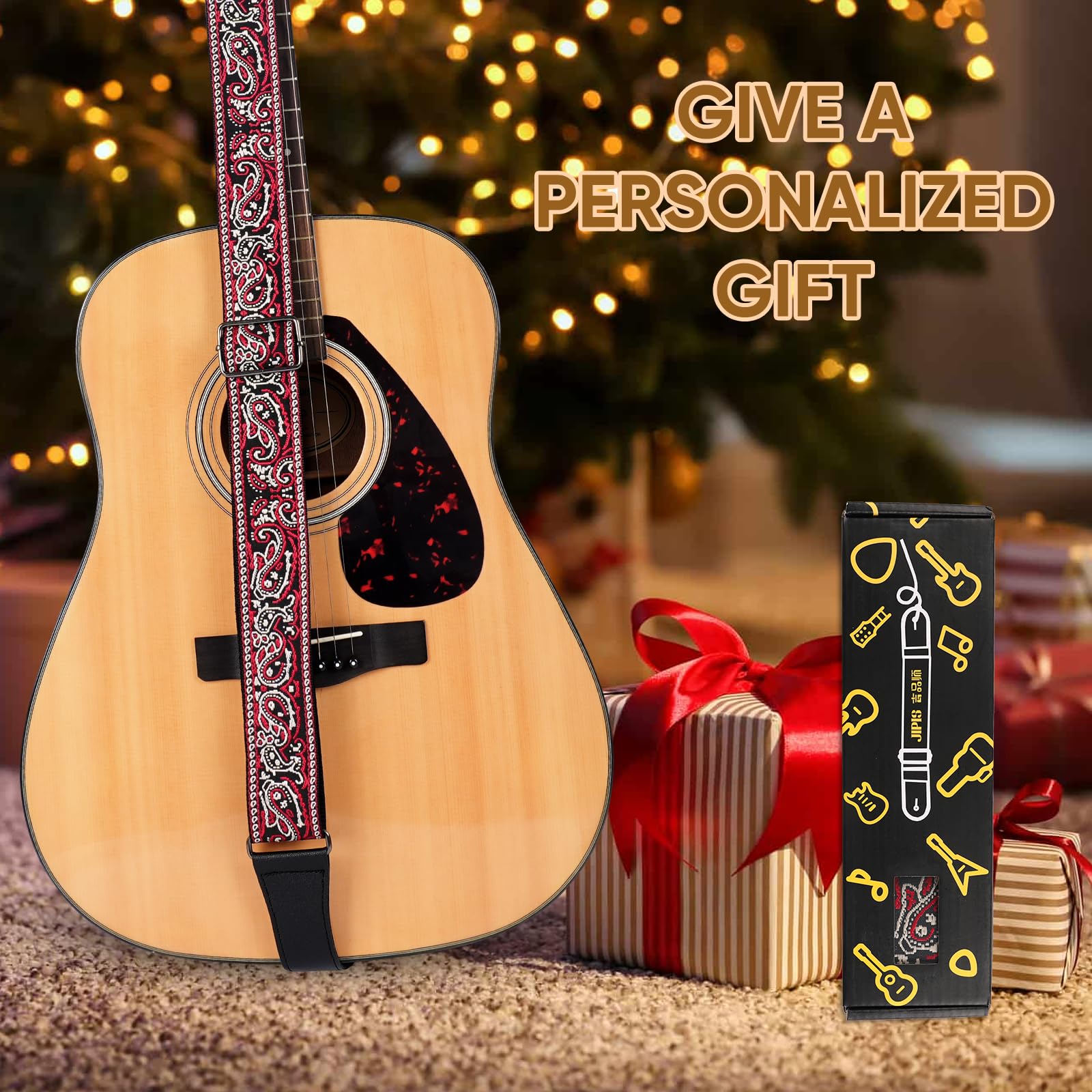 JIPIS Embroidered Cotton Guitar Strap – Adjustable Length with Anti Slip Buckles, Free Head Strap, 3 Guitar Picks (GS-08-1 Red Embroidery)