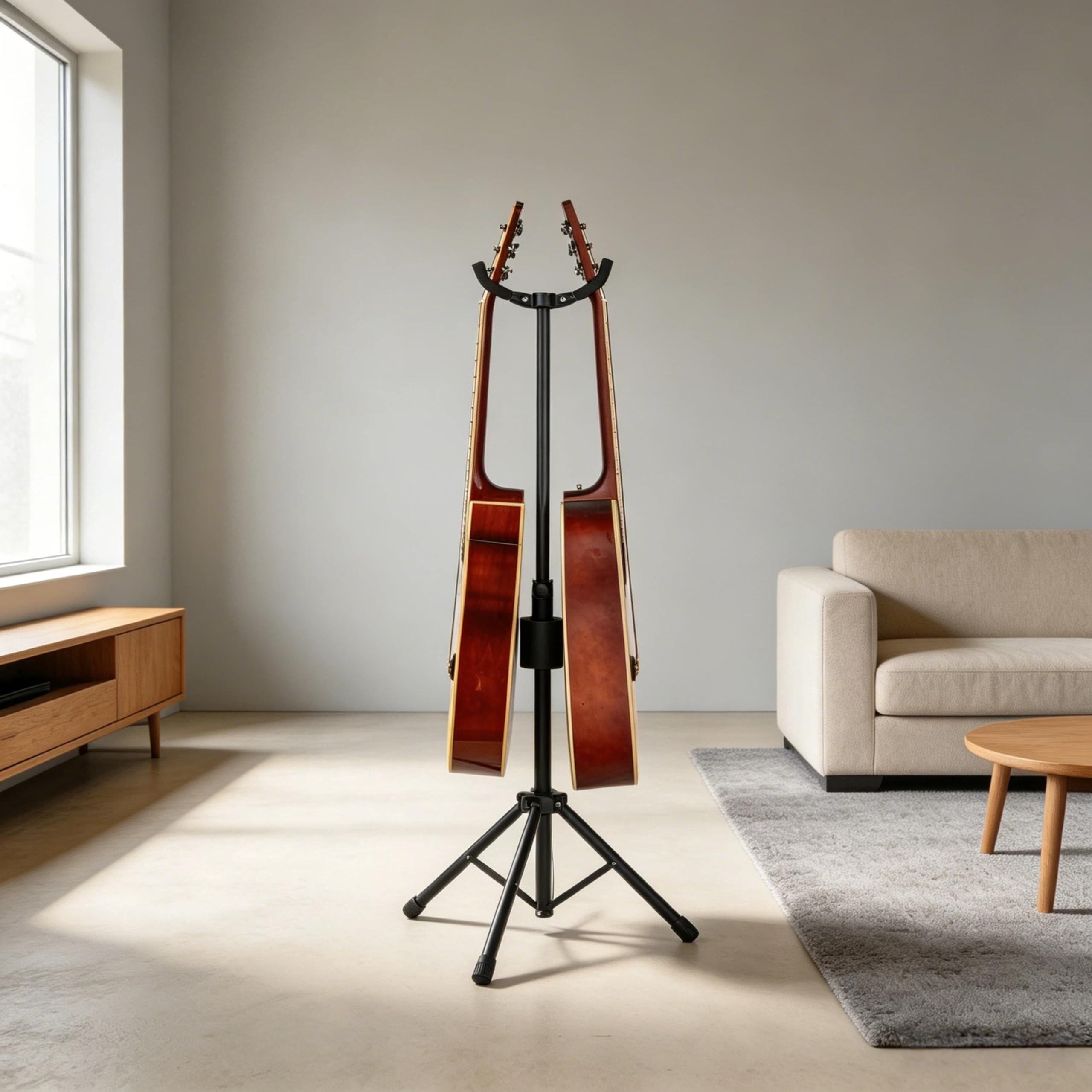Neciuvy Double Guitar Stand, Portable Tripod Adjustable 2 Guitar Stand Floor for Acoustic, Bass & Electric. Dual Folding Stand for Banjo with Strap & Picks