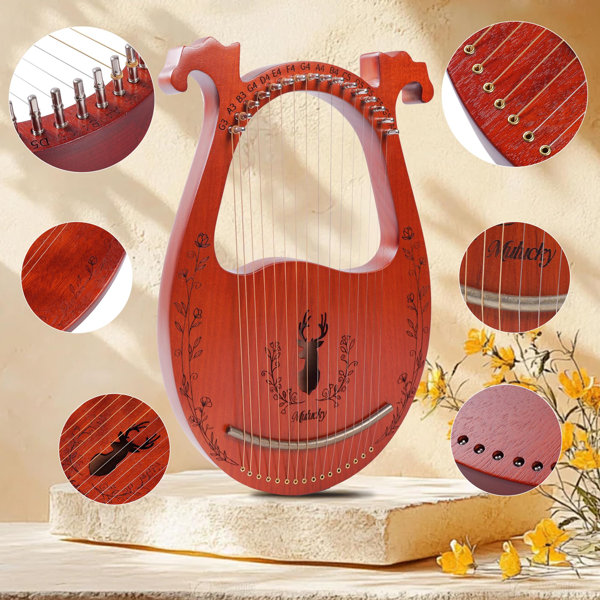 Mulucky 16 String Mahogany Deer Lyre Harp, Metal Strings Copper Saddle Kit
