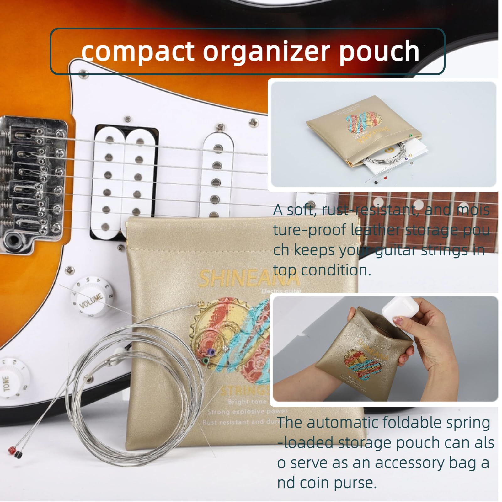 Electric Guitar Strings Handmade Nickel Plated Hex Steel Colorful Ball End-6 String-with Reusable soft leather pouch,Radiant Tone, Explosive Power (Gold(10/46)