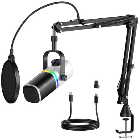 Aokeo AK-10 USB Gaming Microphone with mic arm, Condenser Microphone for PC/MAC/PS4/PS5/Phone-Cardioid Mic with RGB Lighting（White）