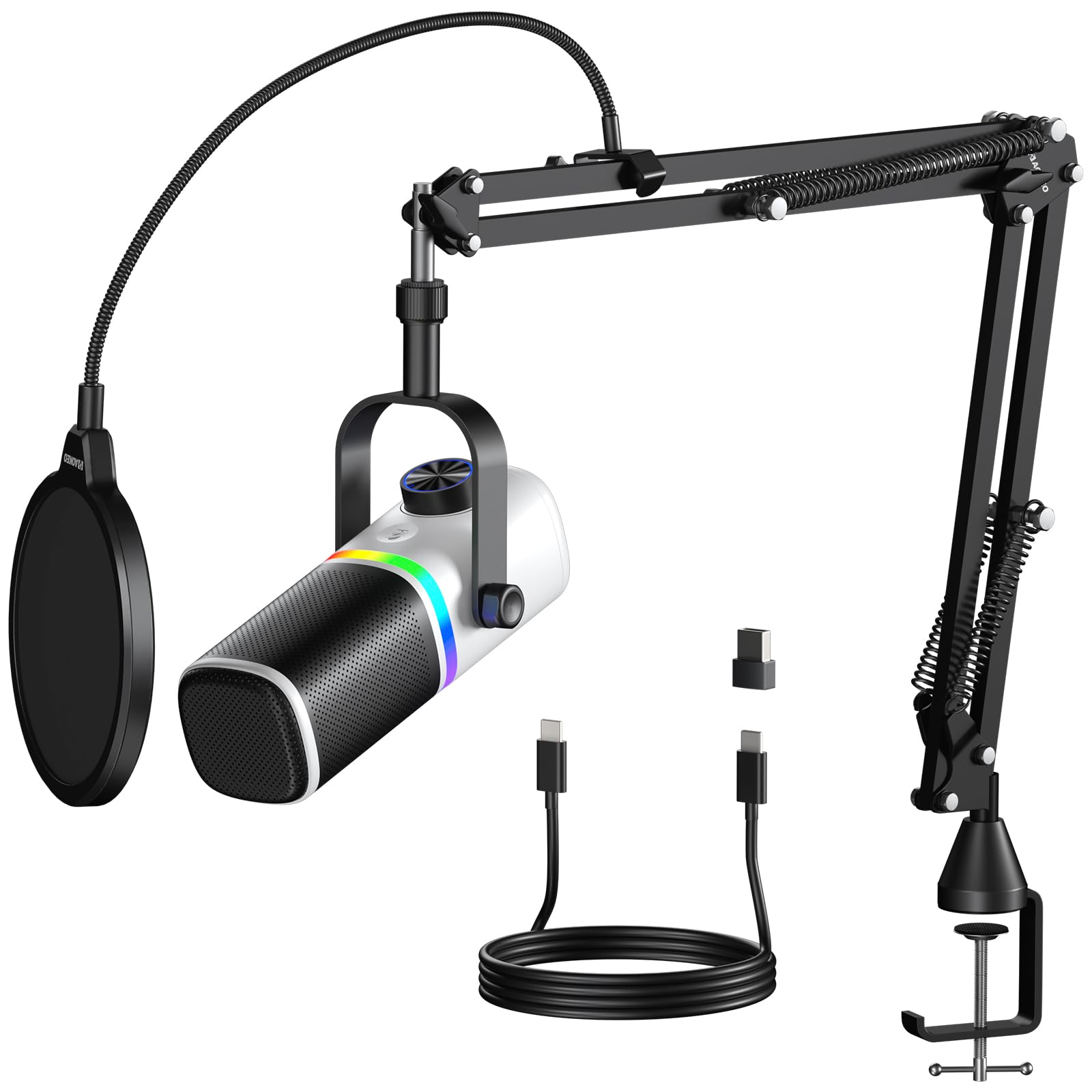 Aokeo AK-10 USB Gaming Microphone with mic arm, Condenser Microphone for PC/MAC/PS4/PS5/Phone-Cardioid Mic with RGB Lighting(White)
