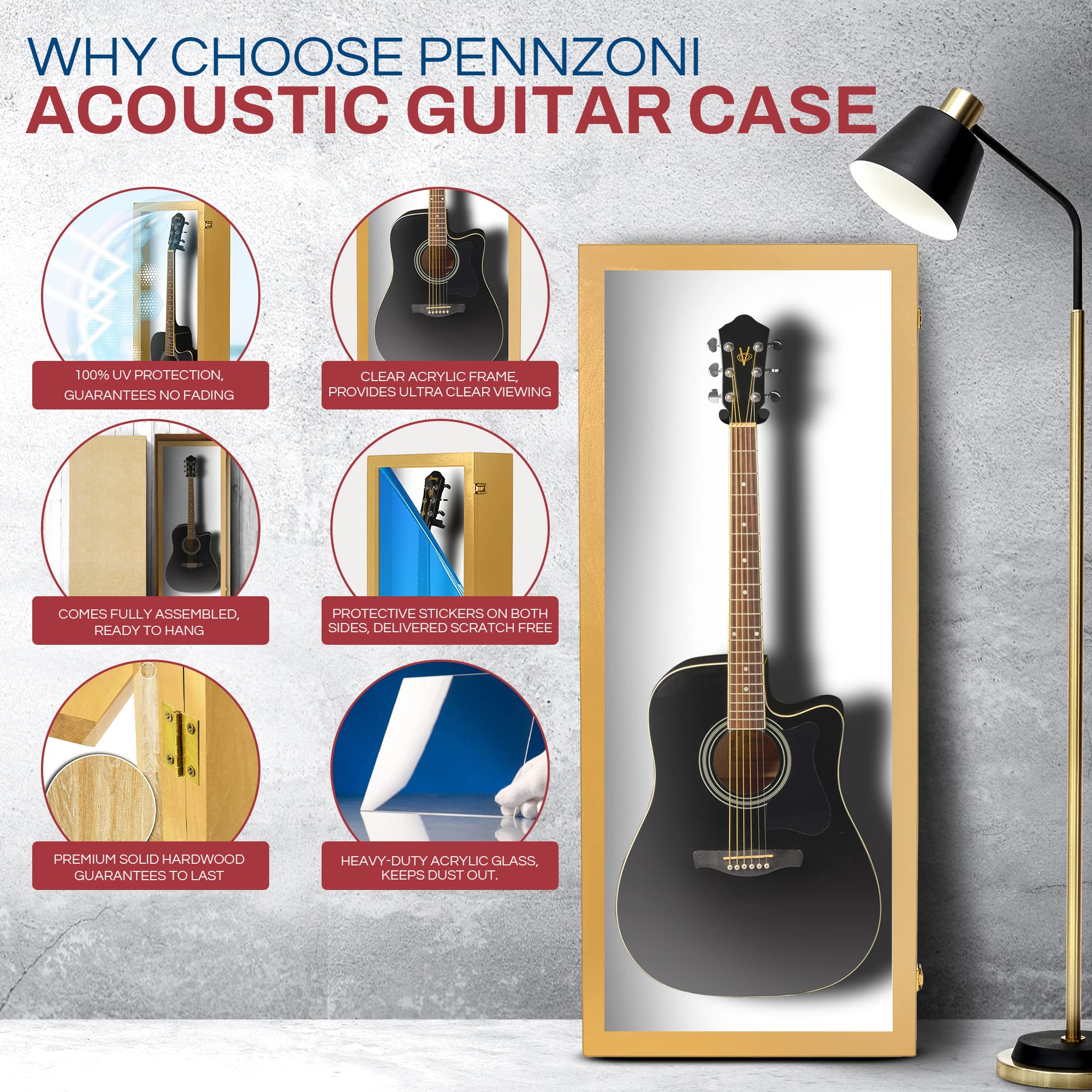 PENNZONI Acoustic Guitar Display Case – Acrylic Acoustic Guitar Case – Guitar Display Case Wall Mount Made from Hardwood Frame & Clear Acrylic – Golden Oak w/Felt White