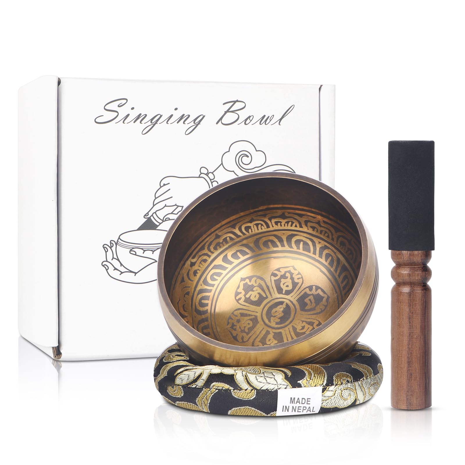 Kmise Tibetan Singing Bowls Set- Handmade in Nepal Meditation Sound Bowls for Yoga, Meditation, Mindfulness, Healing and Chakra Balancing, Stress Relief (4′, Brown)