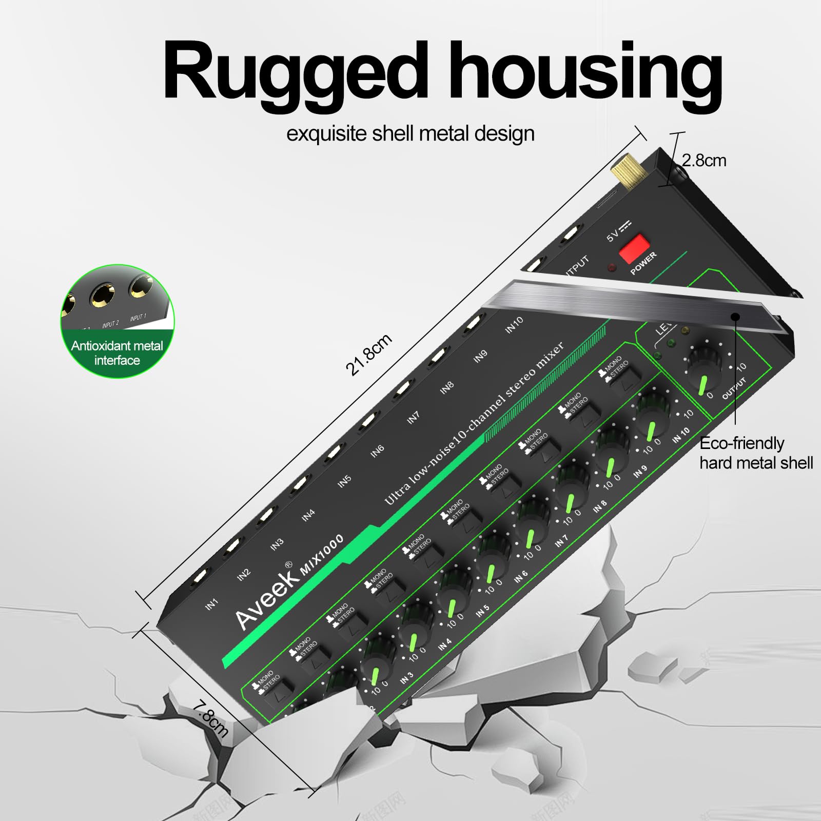 Aveek Mini Audio Mixer, Ultra-Low-Noise 10 Channel Stereo Line Mixer