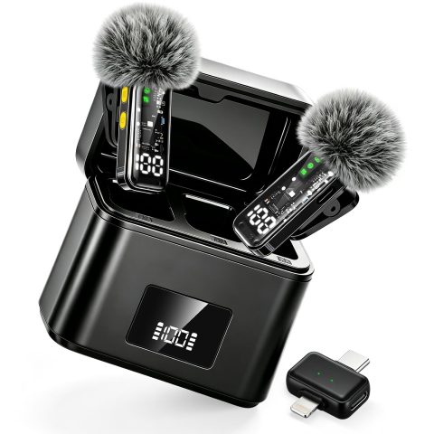 Gicorino 2 Pack Wireless Lavalier Microphone for iPhone, 30H Charging Case