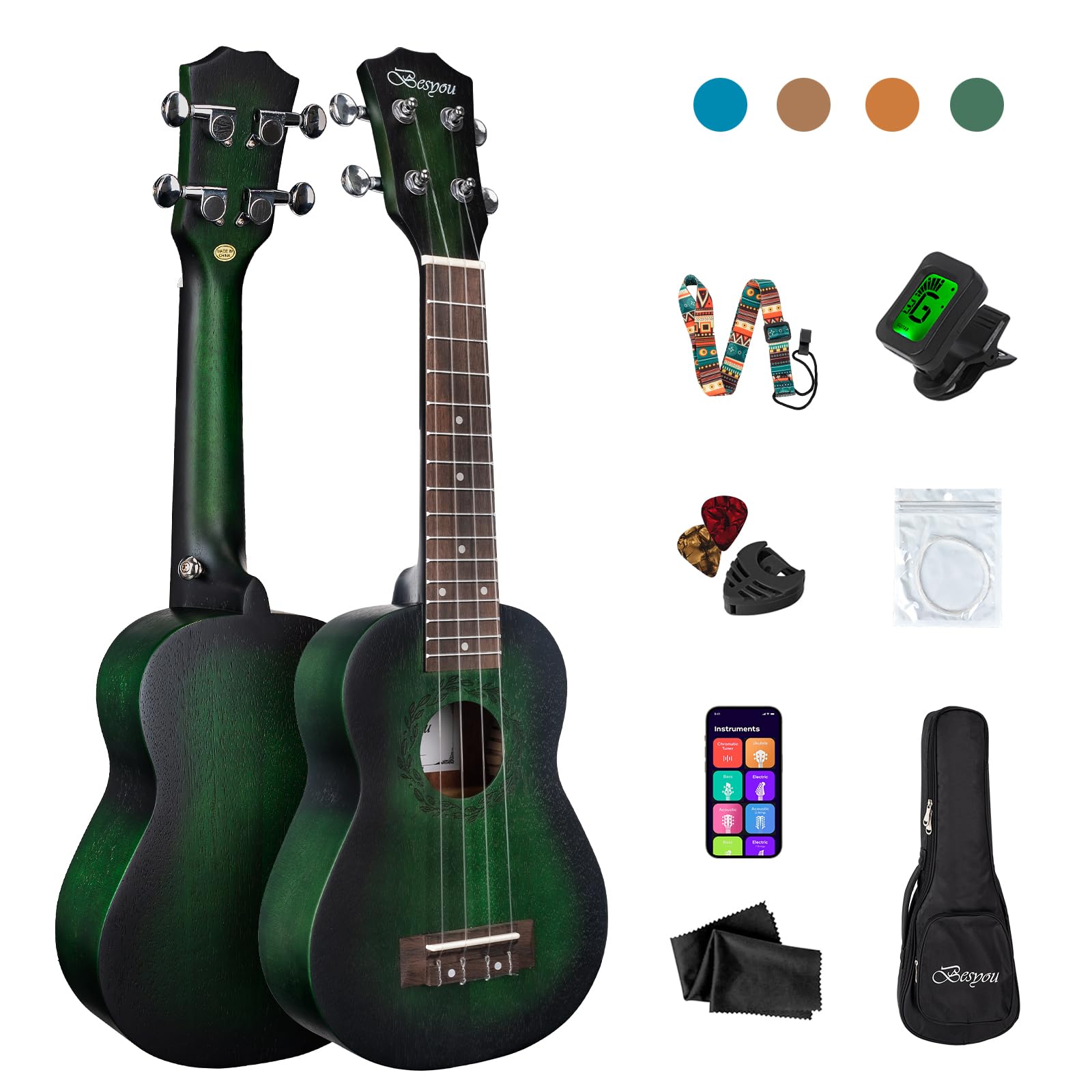 Besyou 21 Inches Green Beginner Mahogany Ukulele All In One Starter Kit