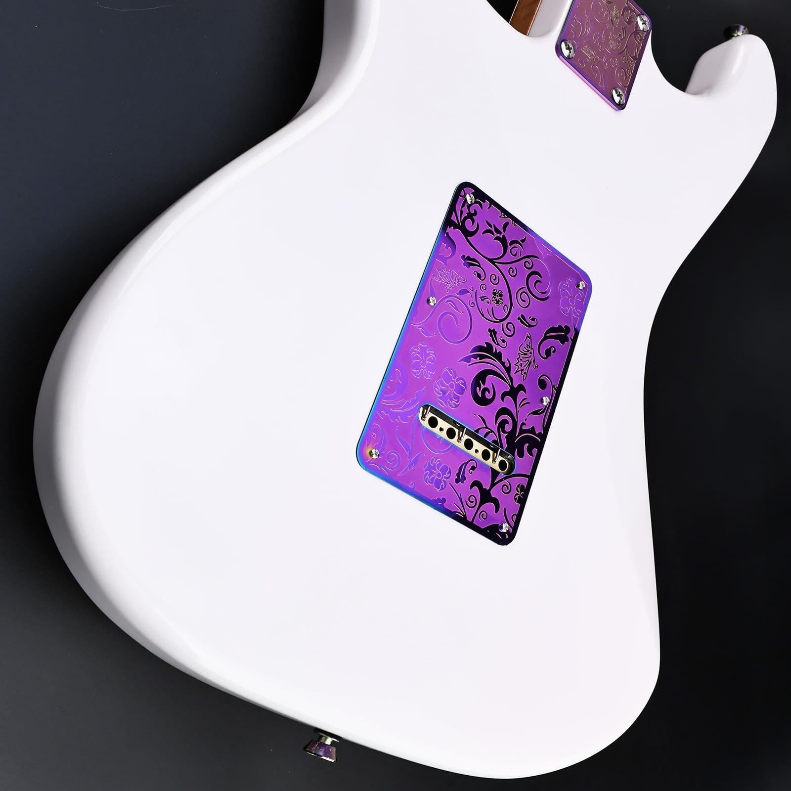 OVSAL Stainless Steel Guitar Back Plate 6 holes Engraved Metal Trem Tremolo Cover Electric Guitar Back Cover Plate Compatible with USA/Mexican Standard FD Strat ST Replacement Parts (Purple)