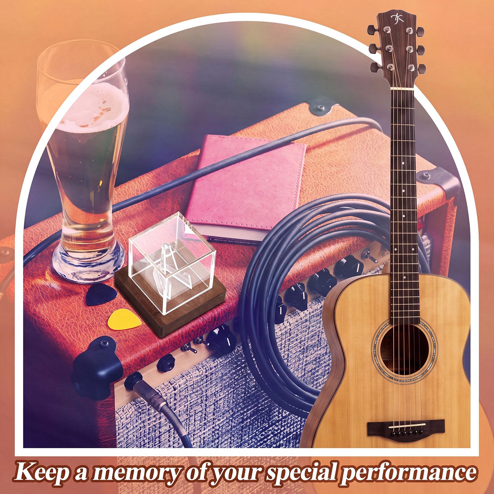 DoubleFill 1 Pcs Acrylic Guitar Pick Display Case with Wooden Base, Walnut