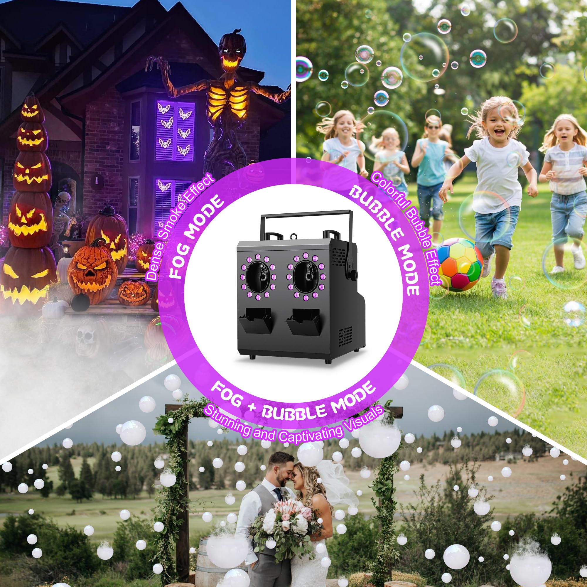 ENDYSHOW Fog Bubble Machine,1500W 3IN1 Smoke Bubble Machine with 24LEDs RGBW 4IN1 Lighting Effect Remote Control Timer Settings DMX512 for Halloween Birthday Parties Wedding Show Festival Stage