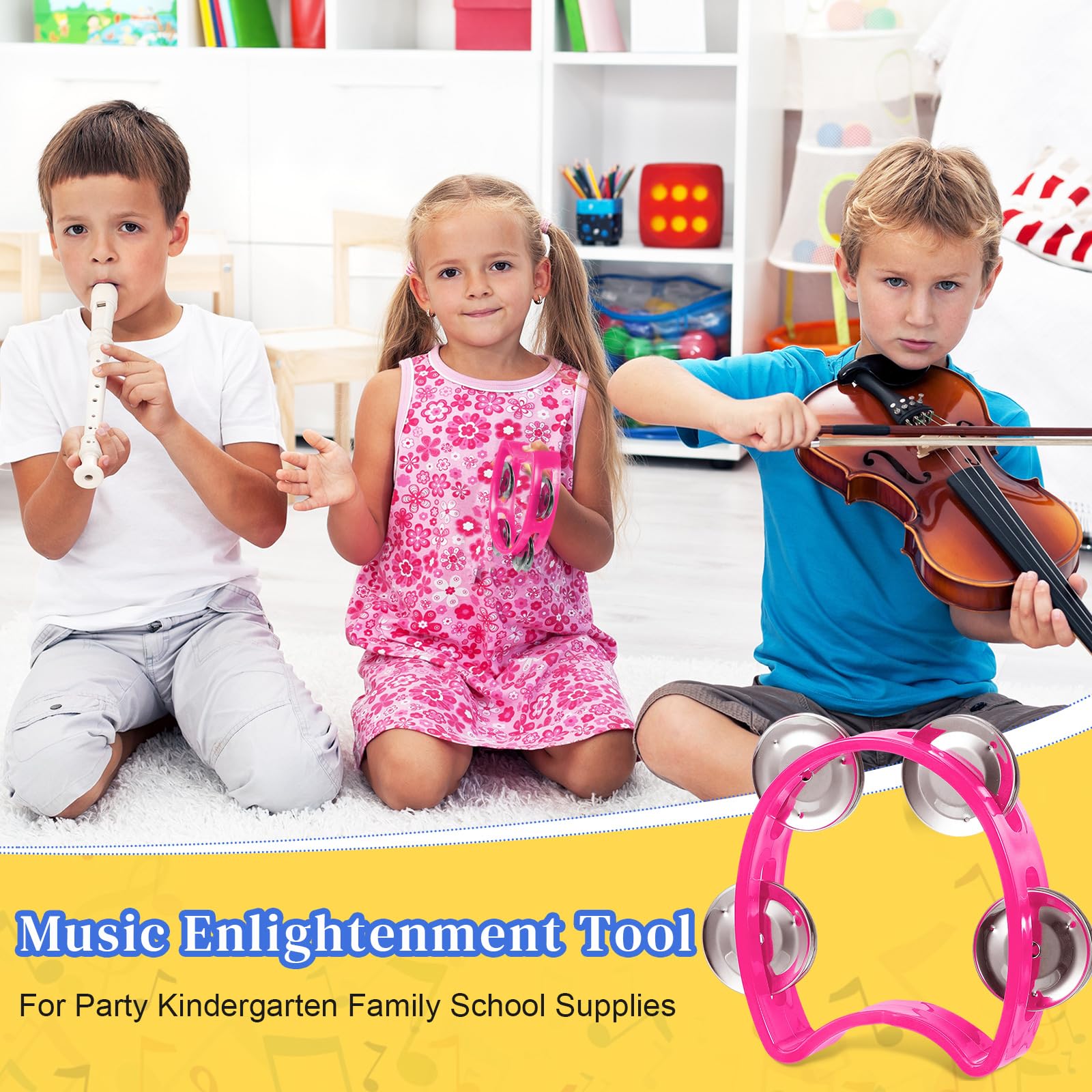 Lukmaa 12 Pcs Tambourine for Kids 4 Bells Handheld Percussion, Pink