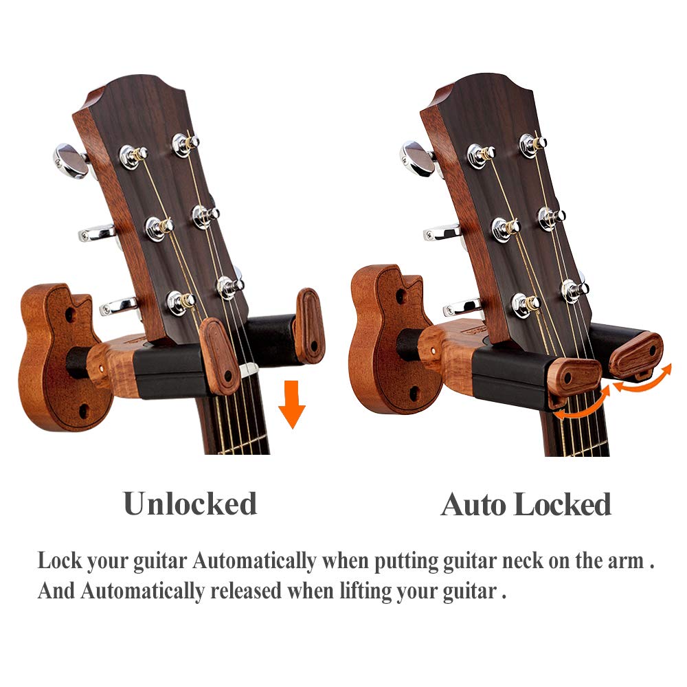 Neboic Guitar Wall Mount, Auto Lock Guitar Wall Hanger, Hard Wood Base in Guitar Shape Guitar Hook, Guitar Holder for Acoustic, Electric, Classical, Bass Guitars, Guitar Accessories