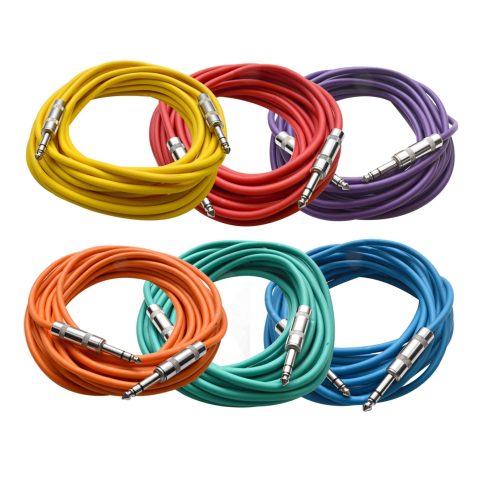 Seismic Audio Speakers ¼” to ¼” TRS Patch Cables, 25 Foot Patch Cables, Pack of 6, Multi Color
