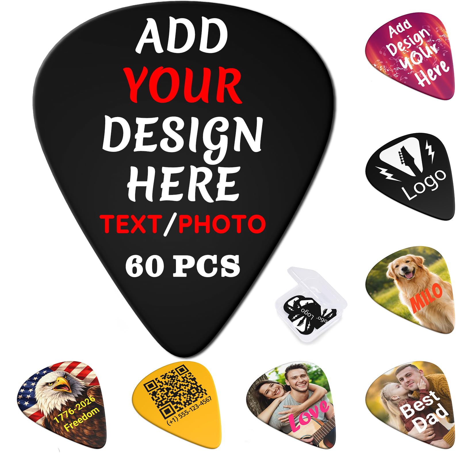 Custom Guitar Picks, Personalized Photo Text Picks, 12 Pack, 3 Thicknesses