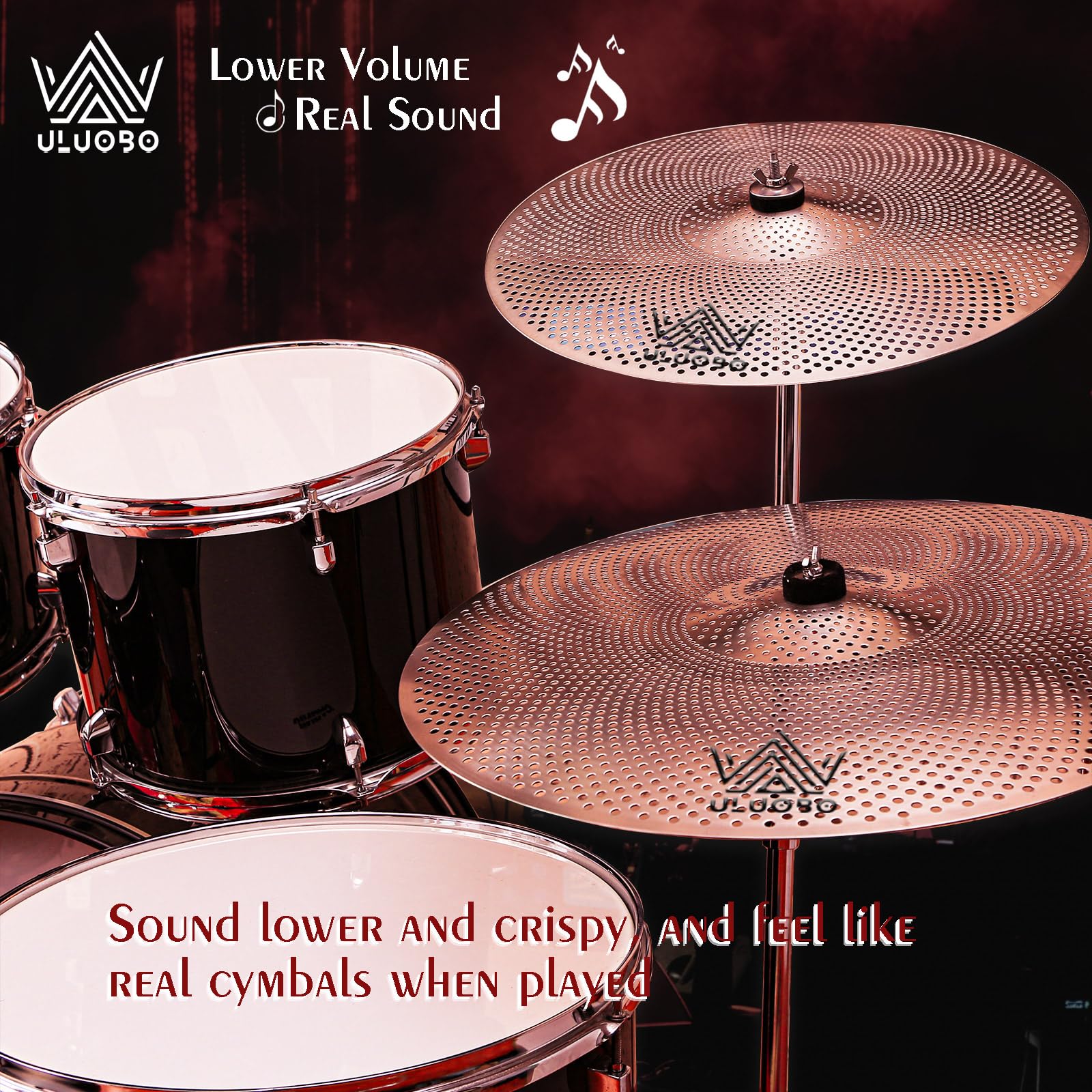 ULUOBO Low Volume Cymbal Pack 7 Pieces, Silent Cymbals, Quiet Cymbals Set for Drummer Practice, 10”Splash+14”Hihat+16″Crash+18”Crash+18”China+20″Ride, Silver