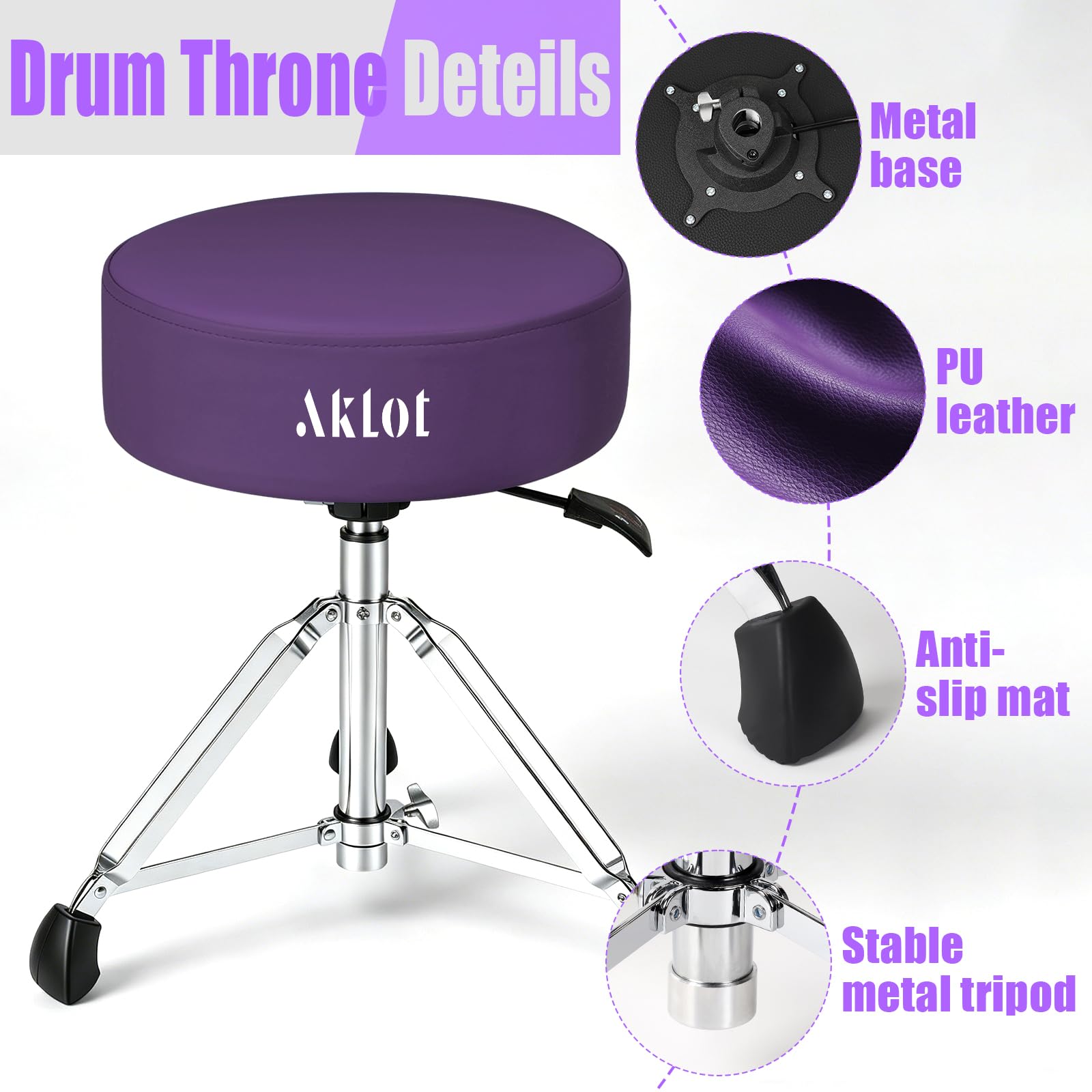 AKLOT Drum Throne, Hydraulic Round Drum Stool, 4.1in Memory Foam Seat, Adjustable Heavy Duty Chair 440 lbs Capacity for Adult Drummer Drum Set Practice, Recording and Live Performance Purple