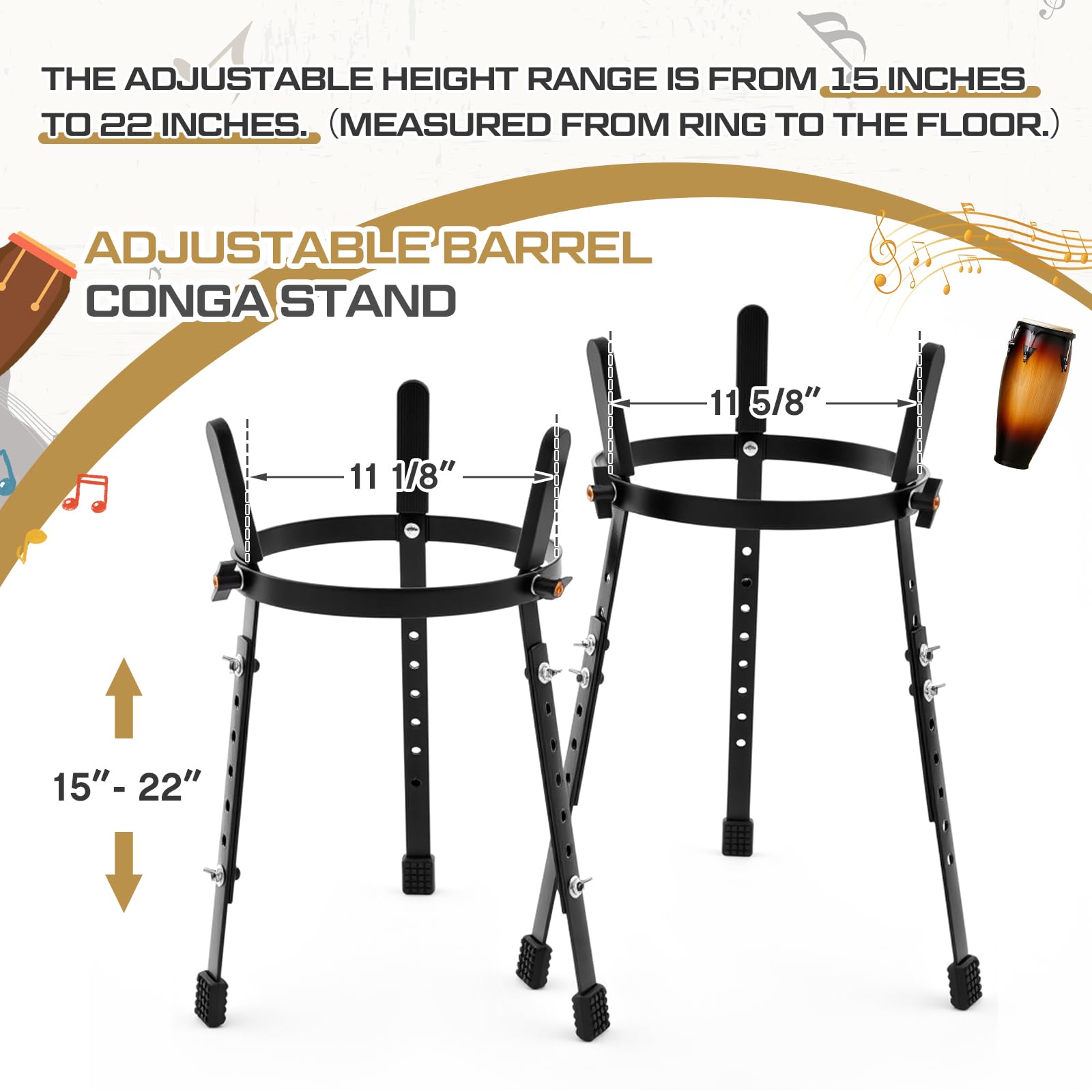 Fiada 2 Pcs Conga Drum Stand 10 & 11 Black Heavy Duty Adjustable Height Drum Holder Support for Congas Bongo Djembe Performance and Travel