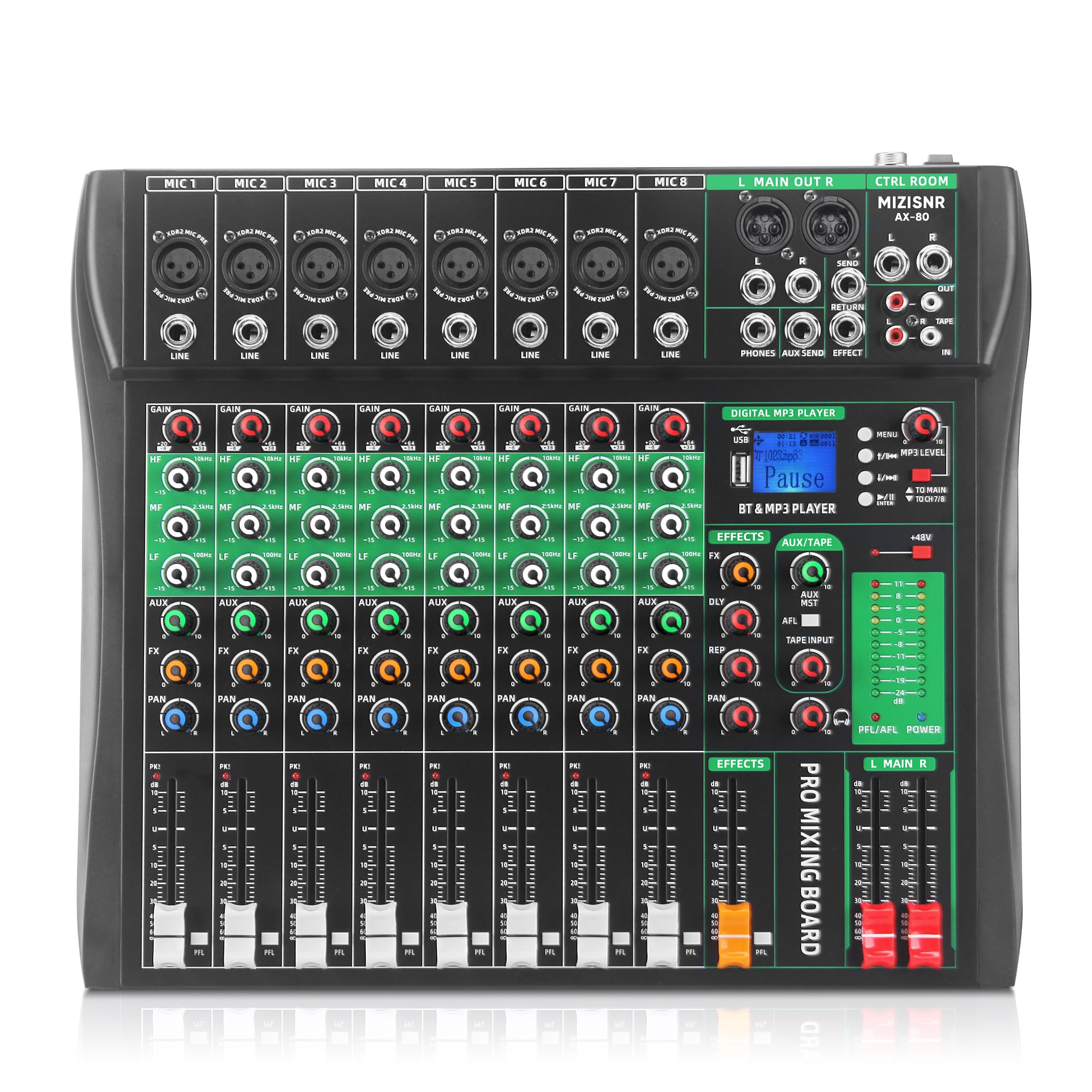 MIZISNR 8 Channel Audio Mixer, Professional DJ Mixer Board Sound Music Mixing Console Digital Mixer with Reverb, Bluetooth, USB Port, 48V Phantom Power for Recording Karaoke Podcasting