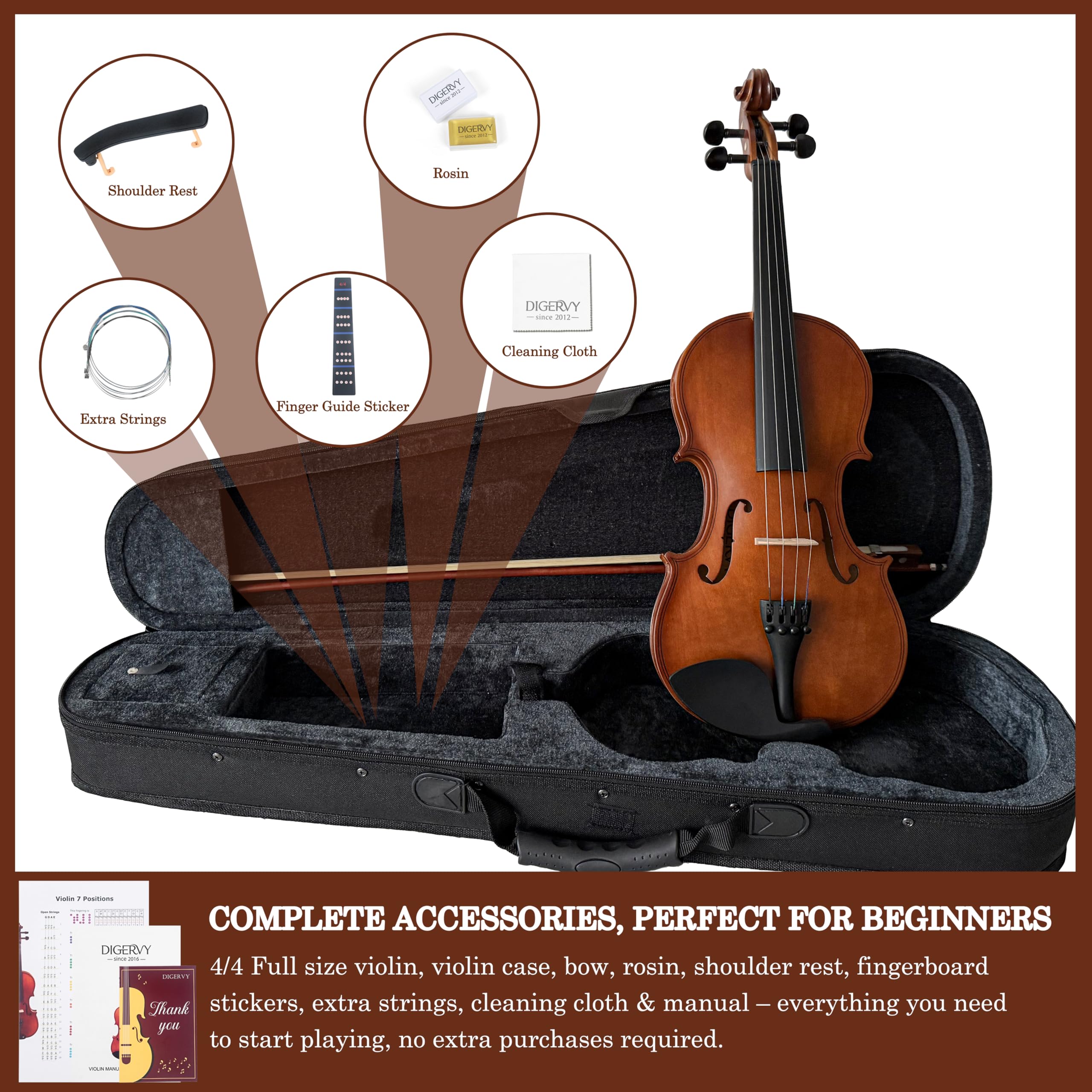DIGERVY Violin 4/4 Full Size Kit, Violin Fiddle Set for Beginner Adults Students with Rosewood Bow, Violin Case, Shoulder Rest, Extra Strings and Bridge(Plywood, Full)