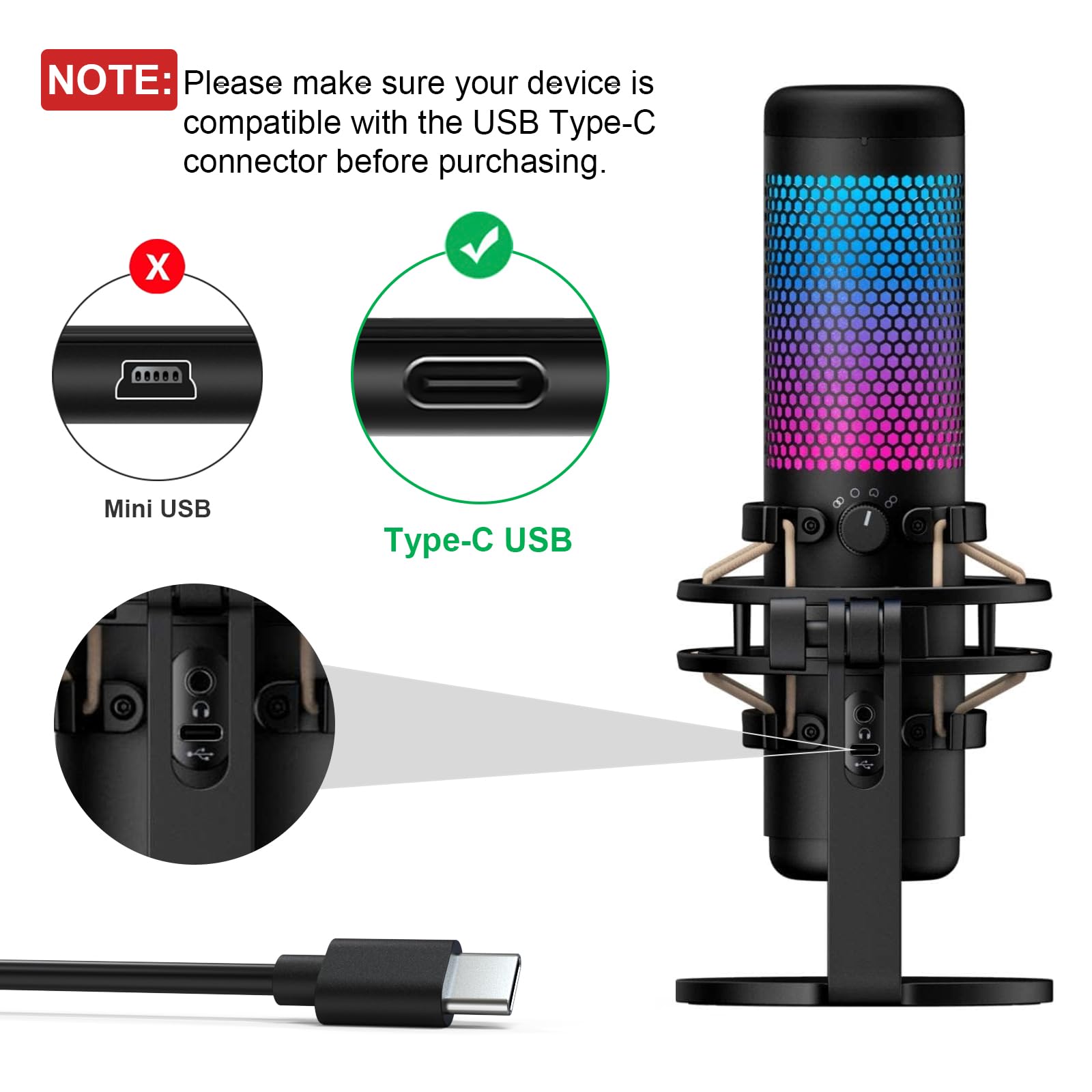Arzweyk USB Type C Data Charging Cable Cord Compatible with HyperX QuadCast 2, SoloCast, QuadCast S USB Condenser Gaming Microphone, TONOR TC30,Elgato Wave 3 Mic 10Ft