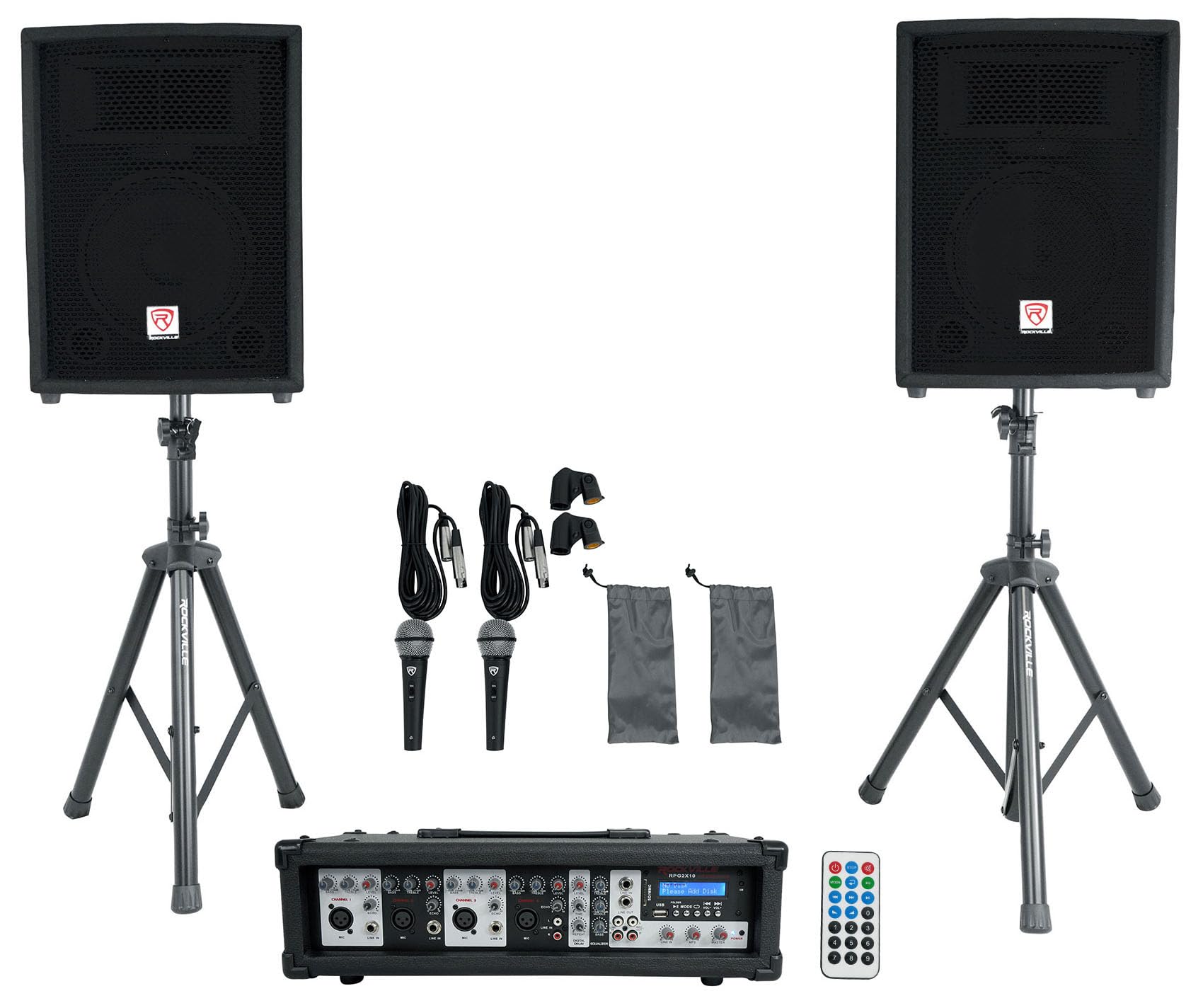 Rockville RPG2X10 10″ PA Speaker Pair with Mixer and 2 UHF Wireless Mics