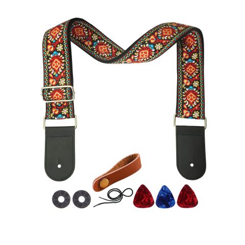 Farcaya Guitar Strap Acoustic Electric Bass Guitar Strap Jacquard Weave Cotton Adjustable Guitar Shoulder Strap with 2Strap Locks + 3Picks+ Headstock Strap Button (Red Flower)