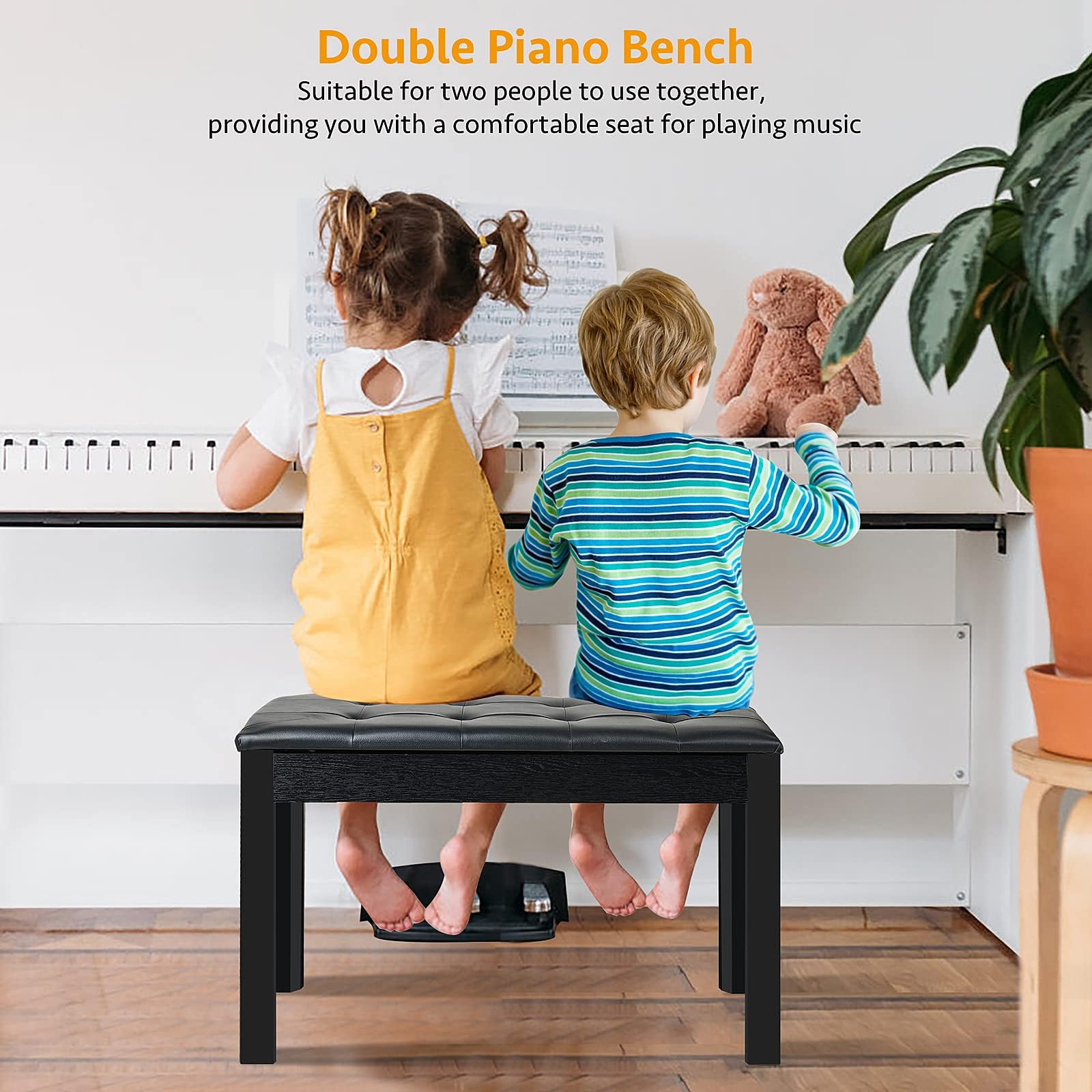ZHRUNS Duet Piano Bench Wooden Keyboard Bench with Storage Compartment, 29” Piano Chair Seat with Padded Cushion, Long Piano Stool Black