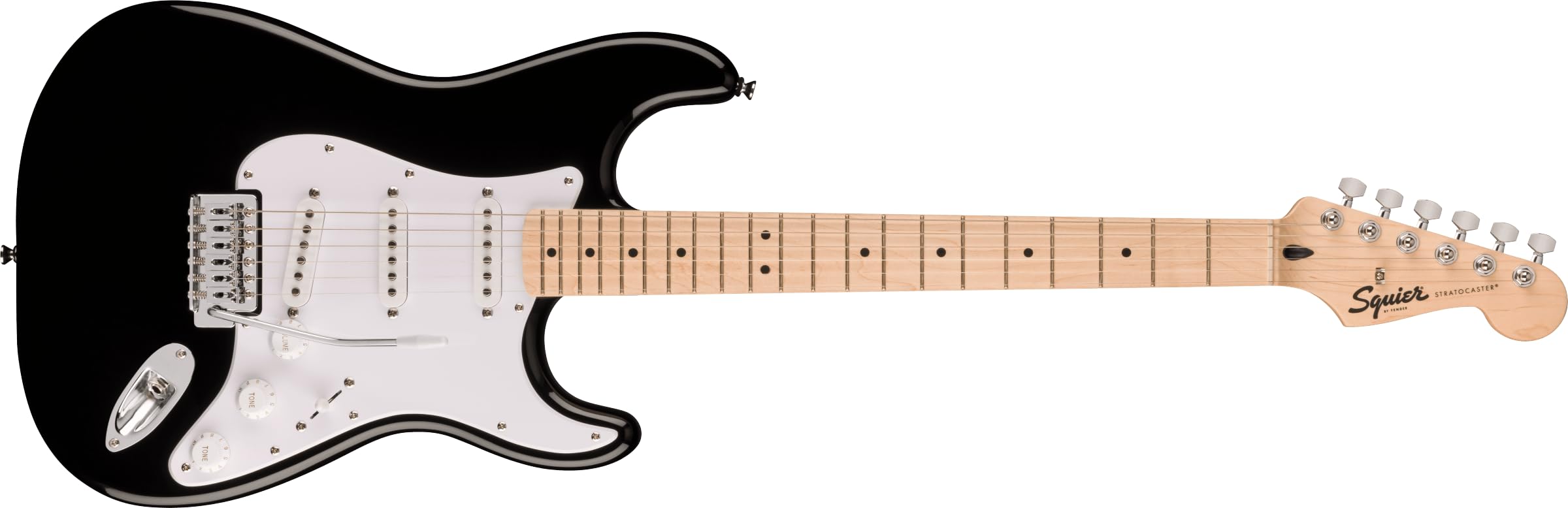 Squire Sonic Stratocaster Electric Guitar, Black, Maple Fingerboard, White Pickguard