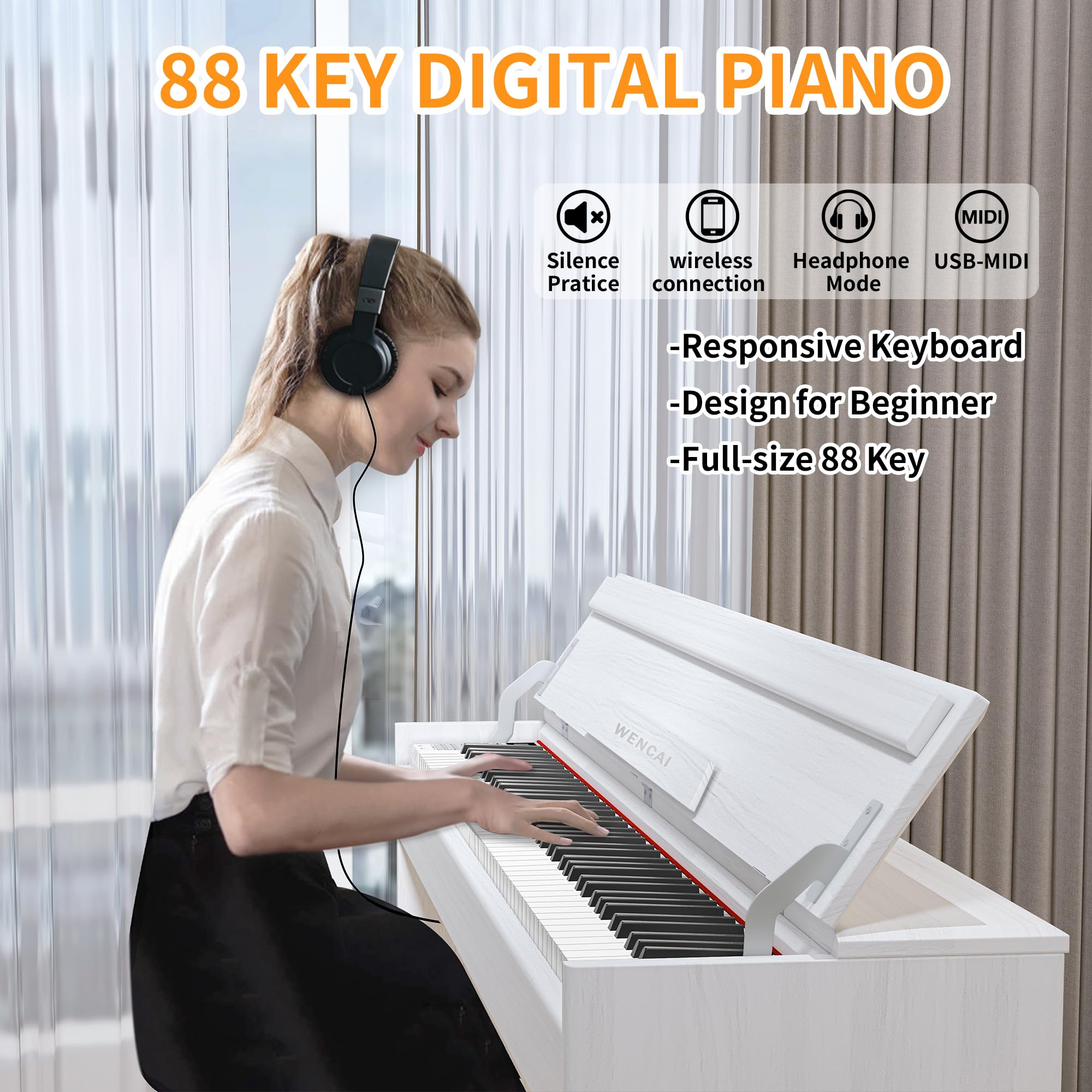 WENCAI Digital Piano 88 Key Full Size Keyboard for Beginners, White