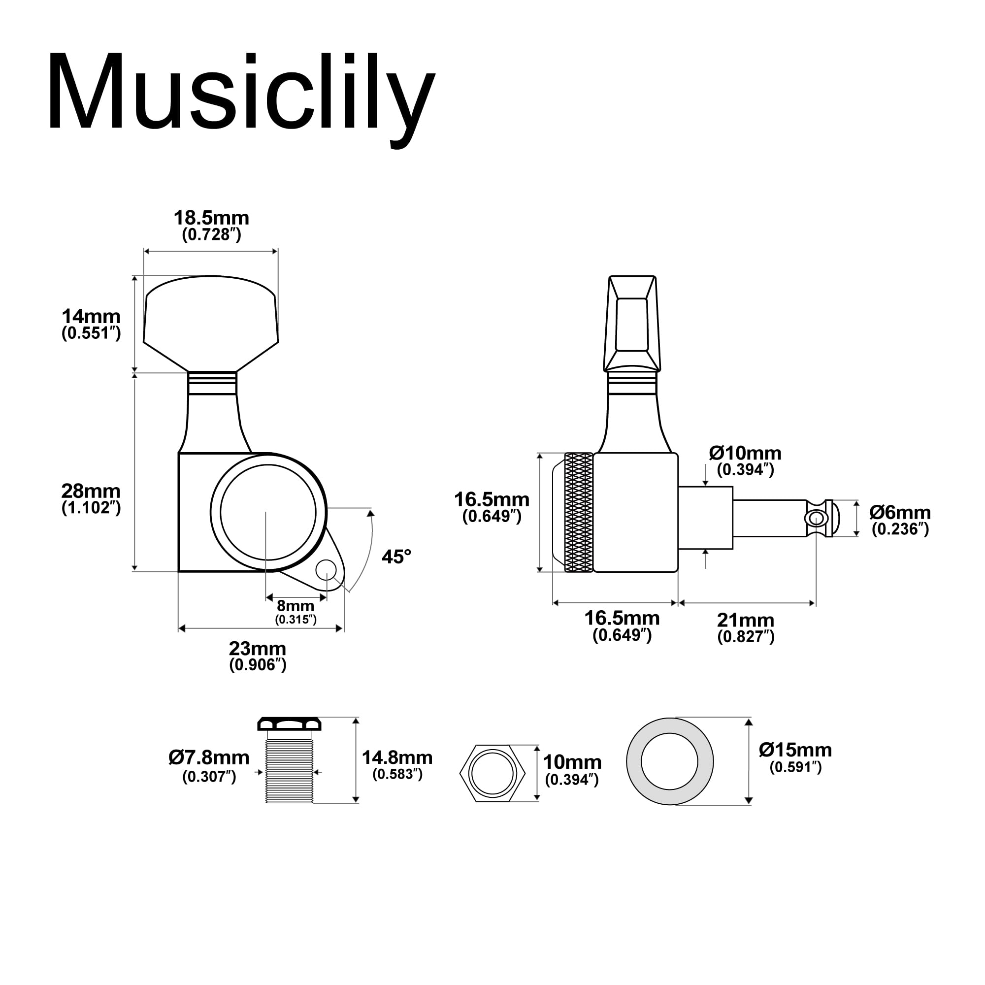 Musiclily Pro R18K-04 Single 18:1 Sealed Locking Bass Side Tuner Nickel