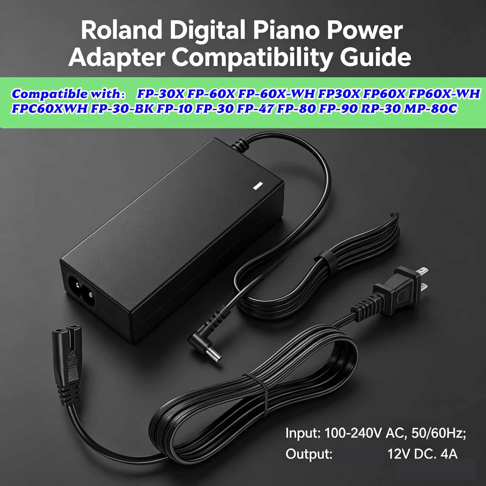 MSZLZTD PSB-7U Charger 12VAC/DC for Roland FP-30X Power Adapter, Ideal Replacement Adapter for Roland FP-30 FP-60 FP-90 FP-30X FP-60X FP-90X FP60X-WH 88 Keys Digital Piano Keyboard Power Supply Cord