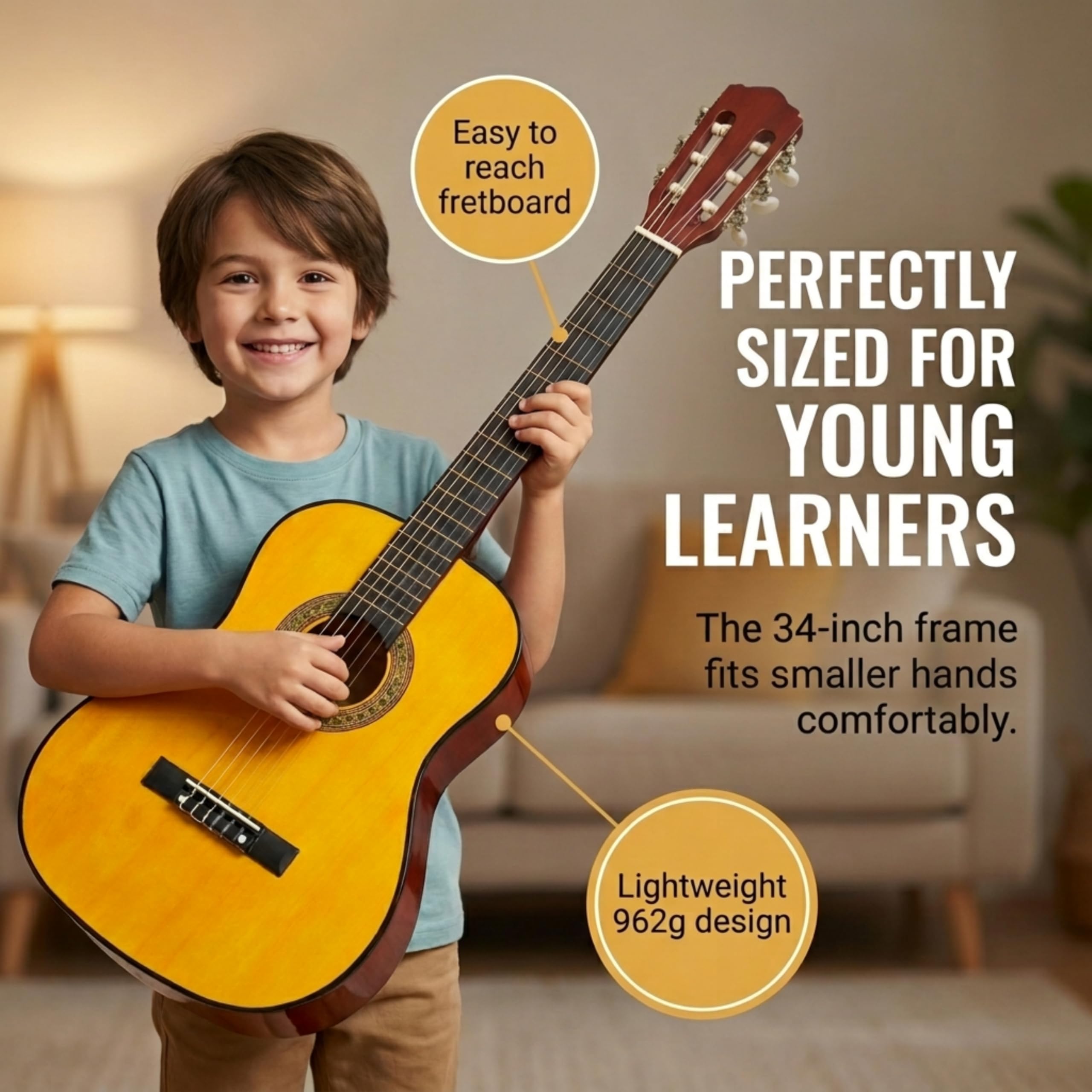 Music Alley 34 Inch Junior Classical Guitar for Kids, Natural