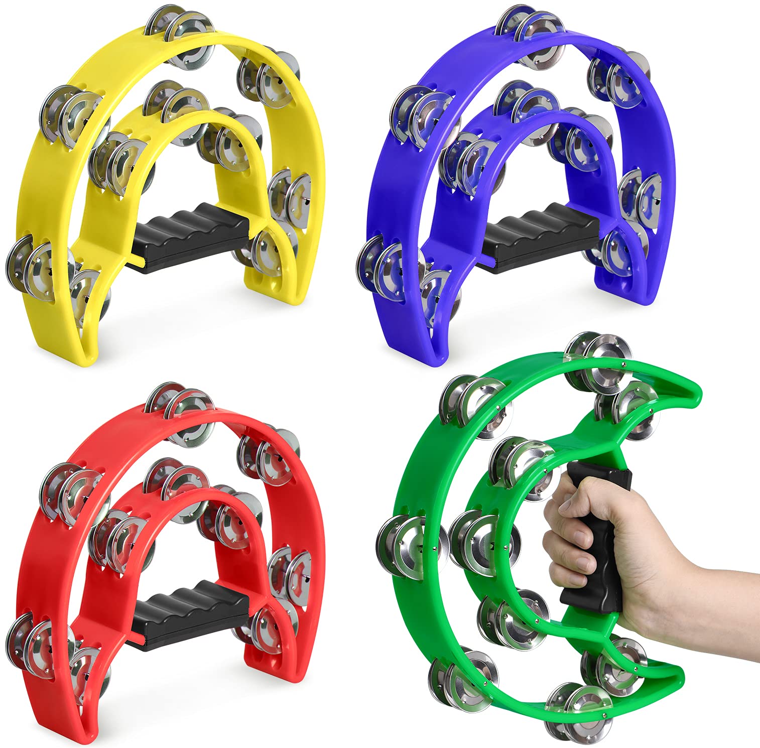 YEUIKERR 4 Pack 9 inch Half Moon Tambourines for Adults Church, Multicolor