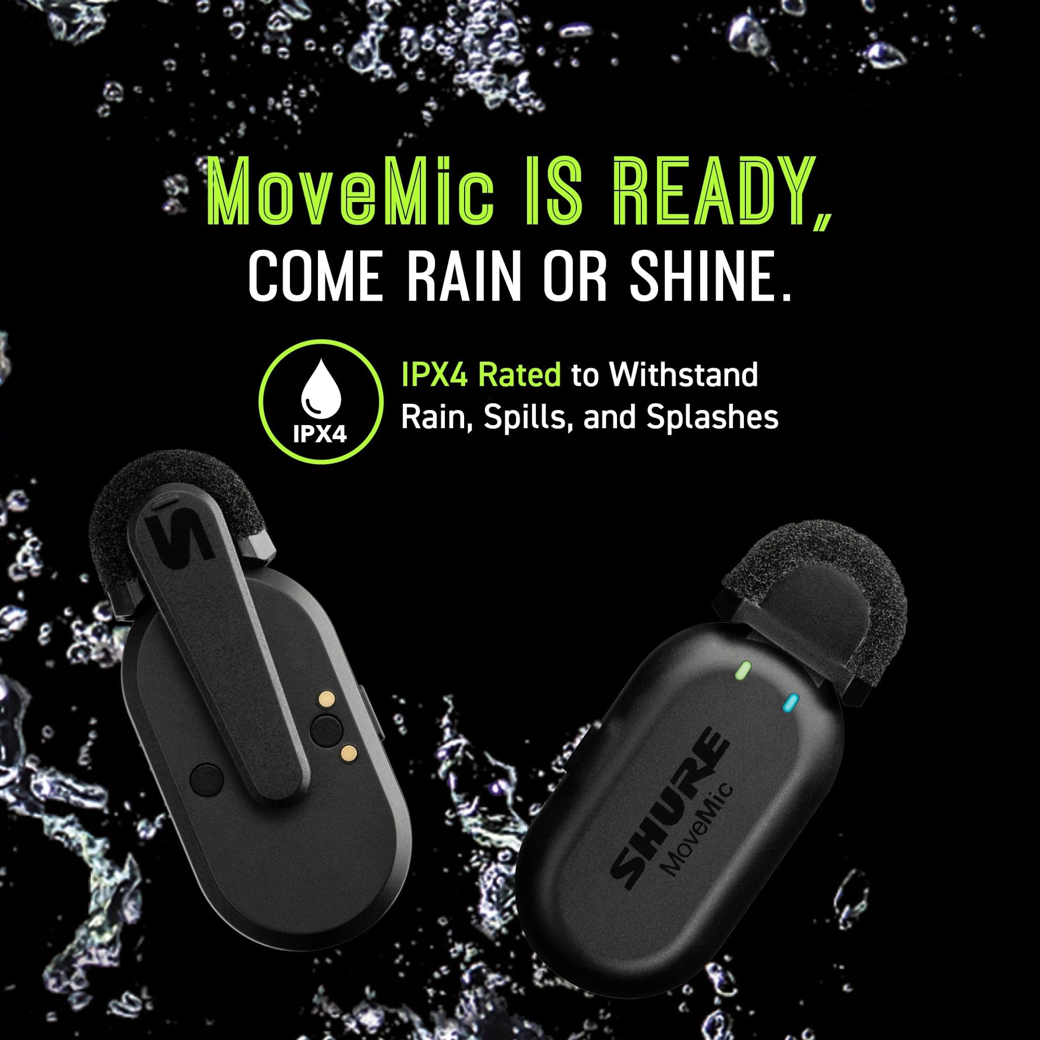 Shure MoveMic Two – Pro Direct to Phone Wireless Lavalier Microphones for iPhone & Android, 2 Bluetooth Mini Mics, 24 Hours Charge, Quick Set Up, IPX4, Compact & Portable Clip Lavs (MV-Two-Z7)