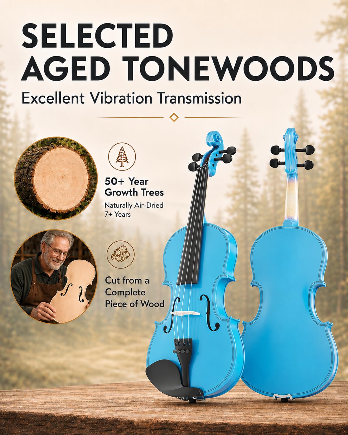 Beginner Violin 4/4, Full Size Violin for Adults, Teens, Student, Learners Age 12+, Acoustic Fiddle Kit with Hard Case, Bow, Rosin, Bridge (Sky Blue)