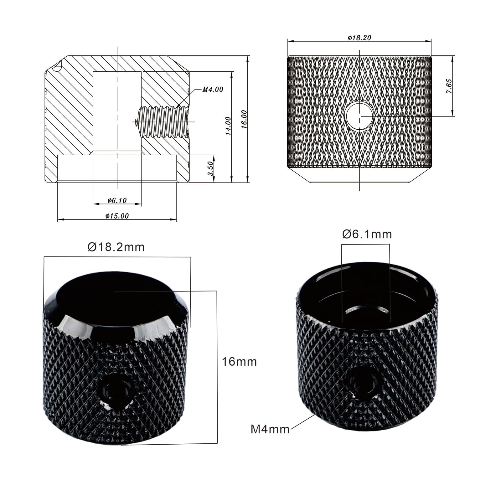 OVSAL 3Pcs Aluminum Alloy Electric Bass Guitar Knobs Speed Control 6.1mm(15/64″) Potentiometer Shaft Dome Metal Volume Tone Knobs for Electric Bass Guitar Replacement Parts (Black)