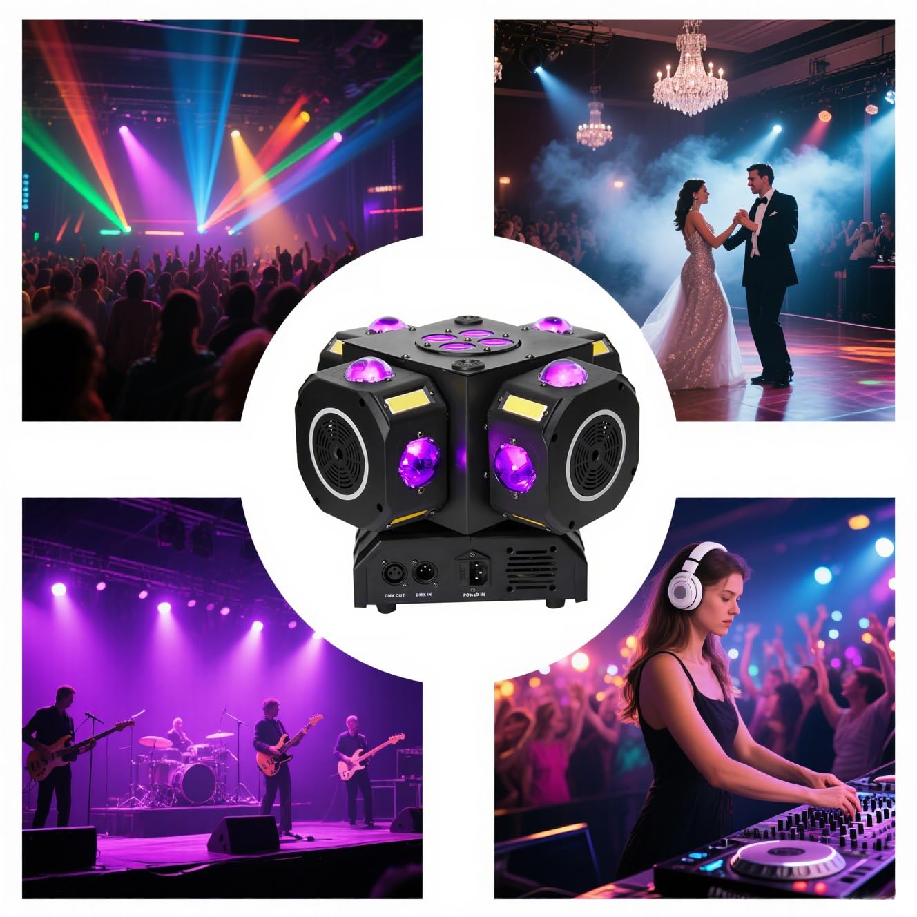Moving Head DJ Lights 180W LED with 4 Rotating Head,16X10W RGBW 4-in-1 Multiple Effects Changing,21CH DMX-512/Sound Activated for Christmas KTV Wedding