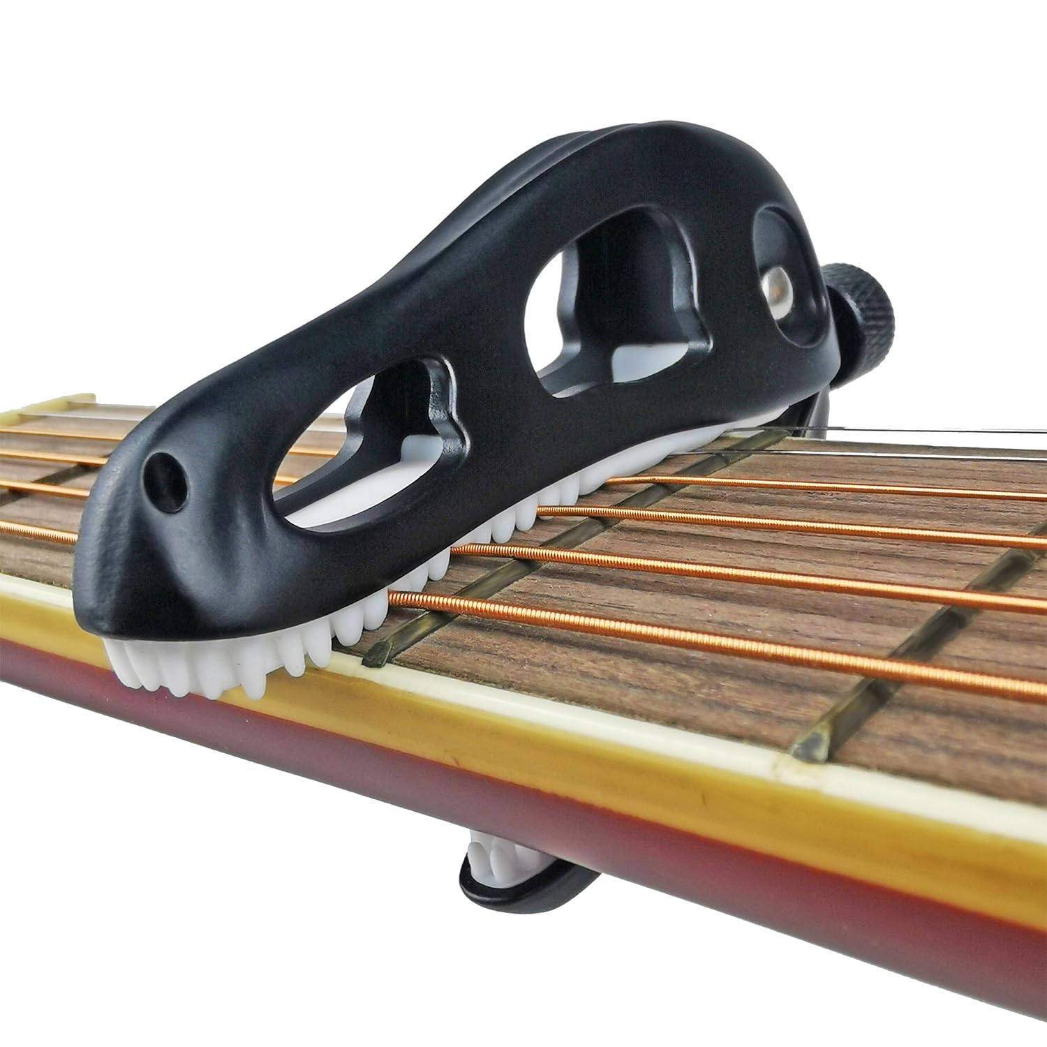 Prehistoric T-Rex Guitar Capo – Dinosaur Skull Design with Silicone Teeth, Zinc Alloy Adjustable Clamp for Acoustic/Electric Guitar, Bass, Ukulele & Banjo (Black)