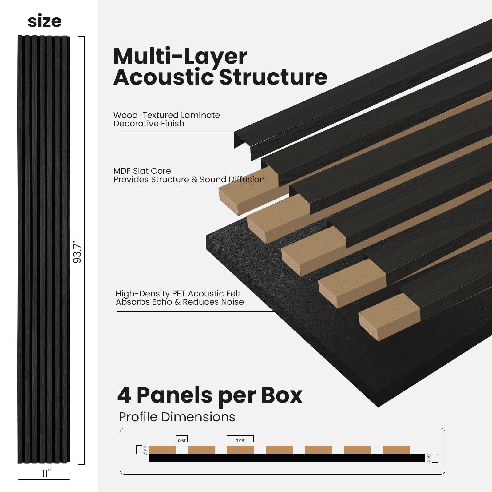 Wood Slat Wall Panels – 4 Pack 93.7″ × 11″ – Acoustic Panels Noise Reduction for Home Office Studio, 3D Fluted Sound Dampening Absorbing Panels, Matte Black