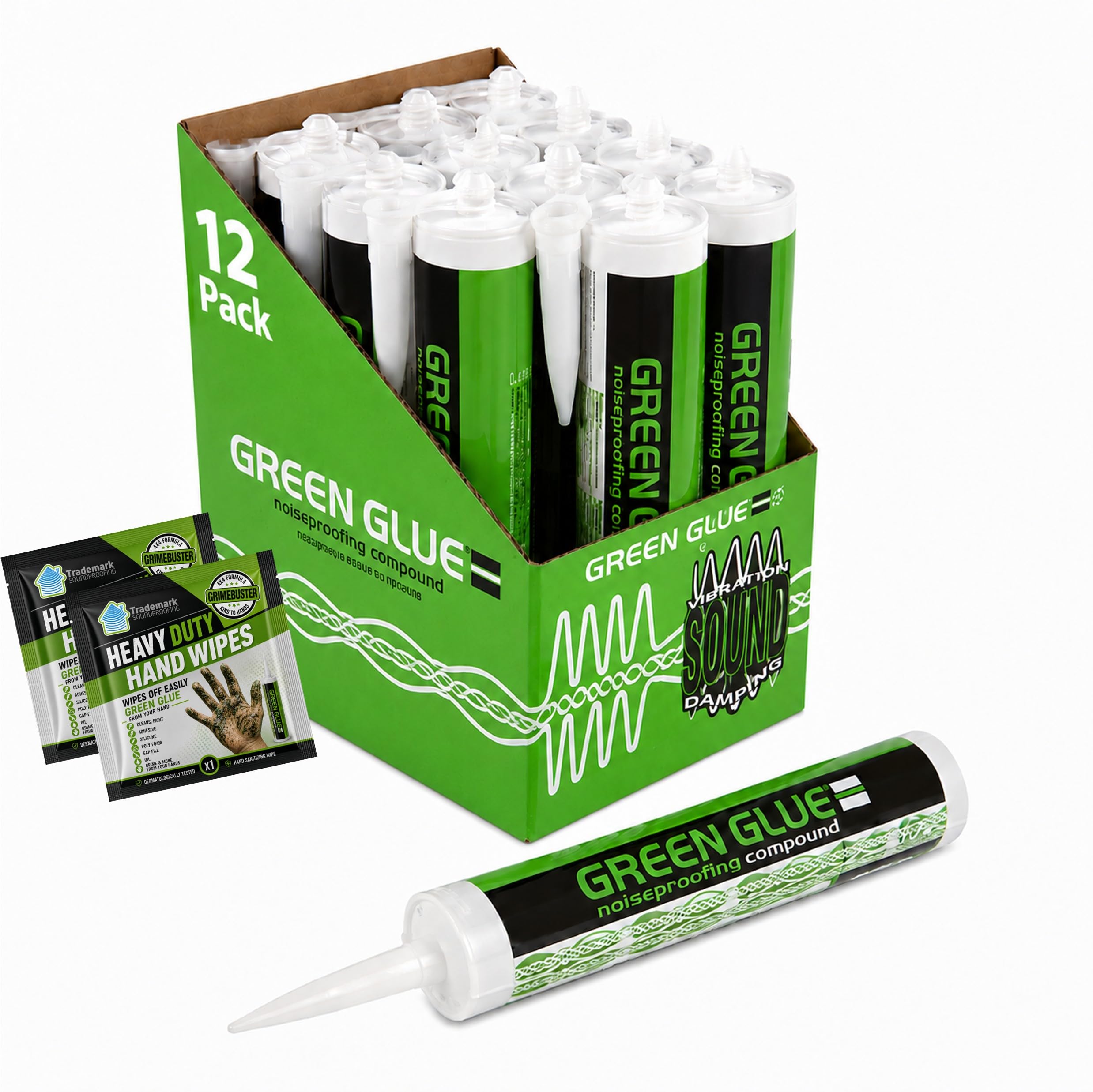 Green Glue Soundproofing, Noiseproofing Compound – 28 fl.oz (828 ml) – 12 Pack – Hand Wipes Included